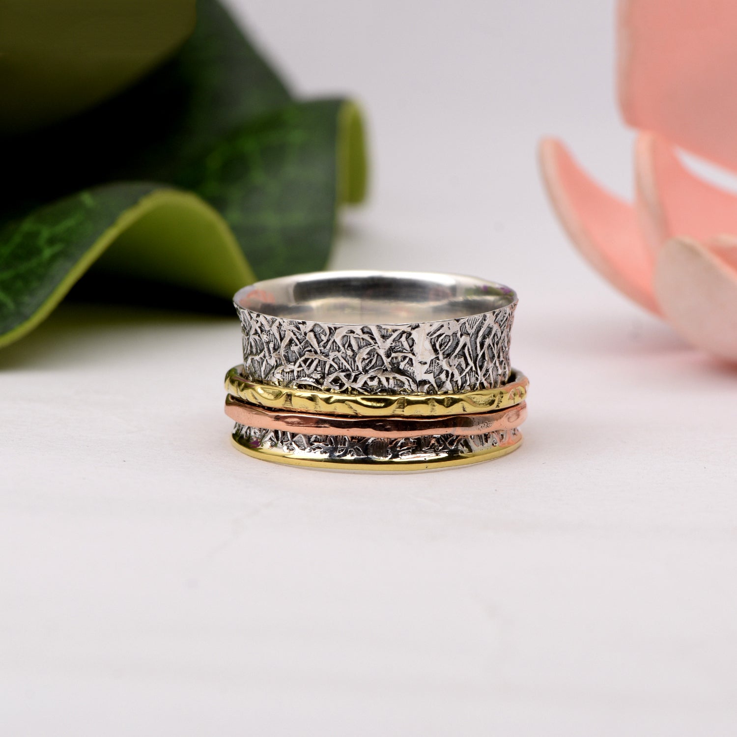 Dual Band Floral Texture Spinner Ring - Sterling Silver