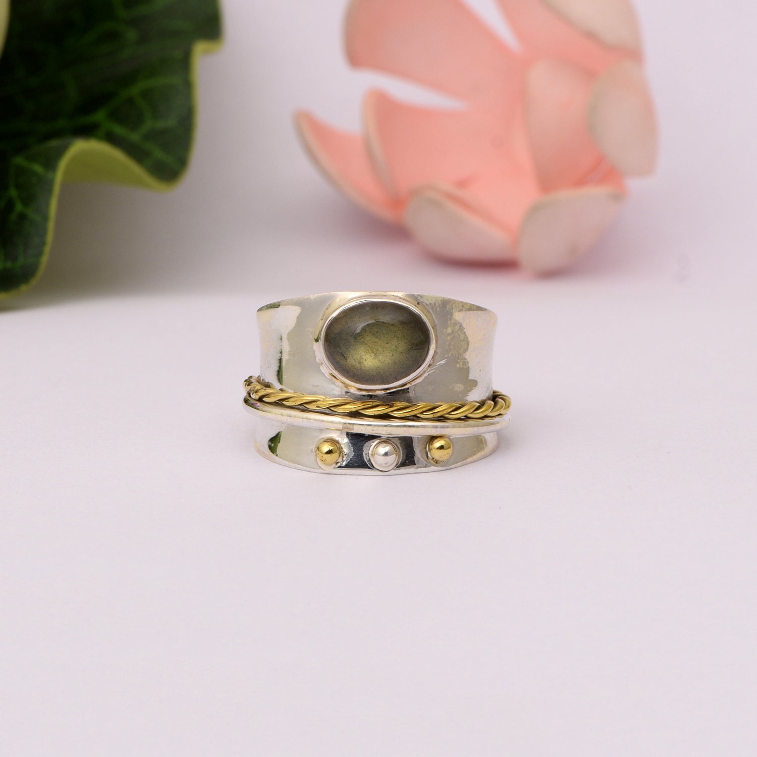 Green Tourmaline Gold Tone Spinner Ring - Sterling Silver