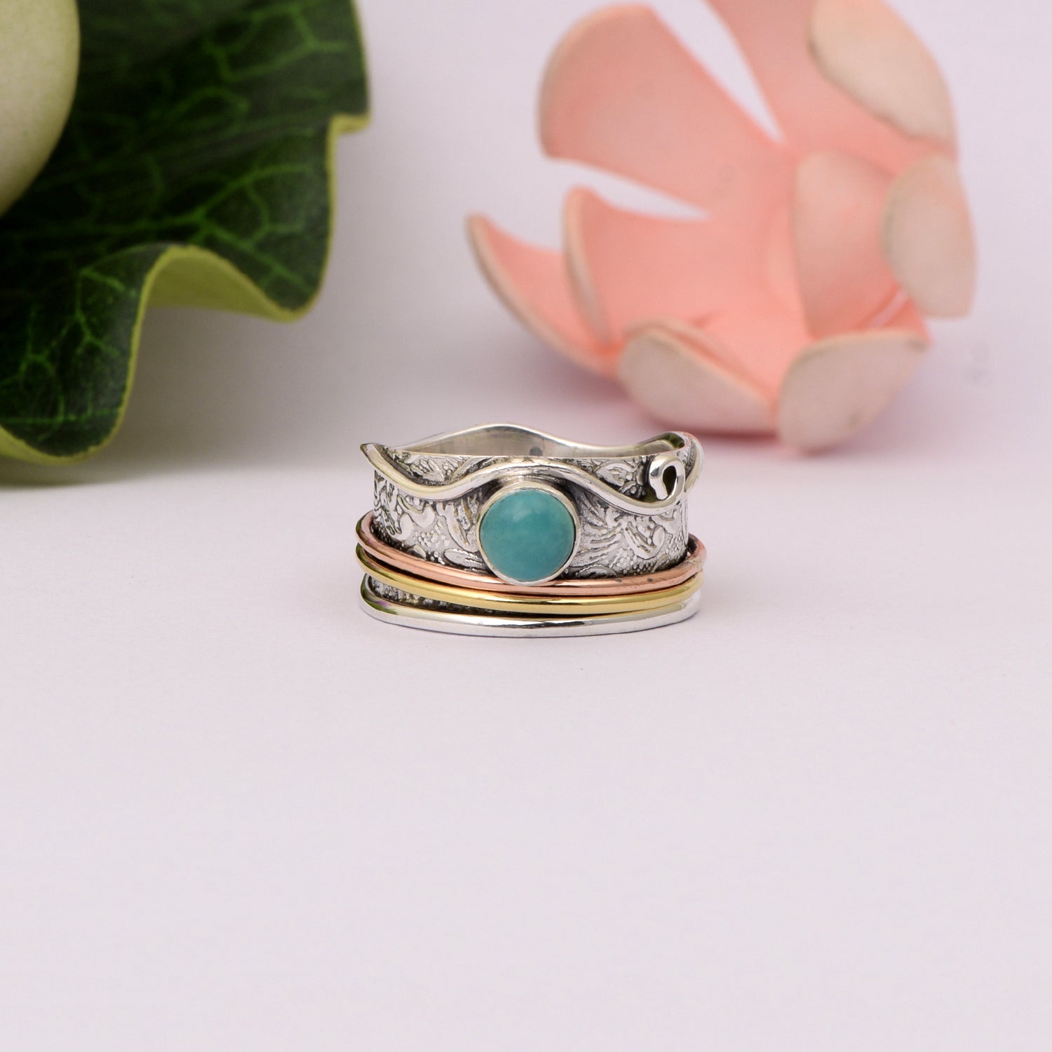 Larimar Wavy Edge & Triple Band Spinner Ring - Sterling Silver