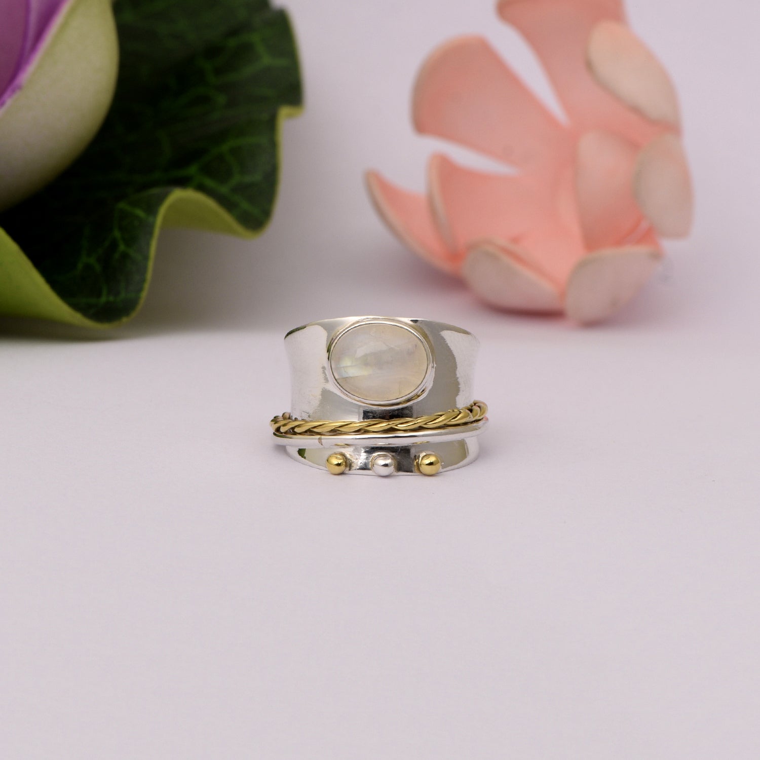 Moonstone Braided & Bead Spinner Ring - Sterling Silver