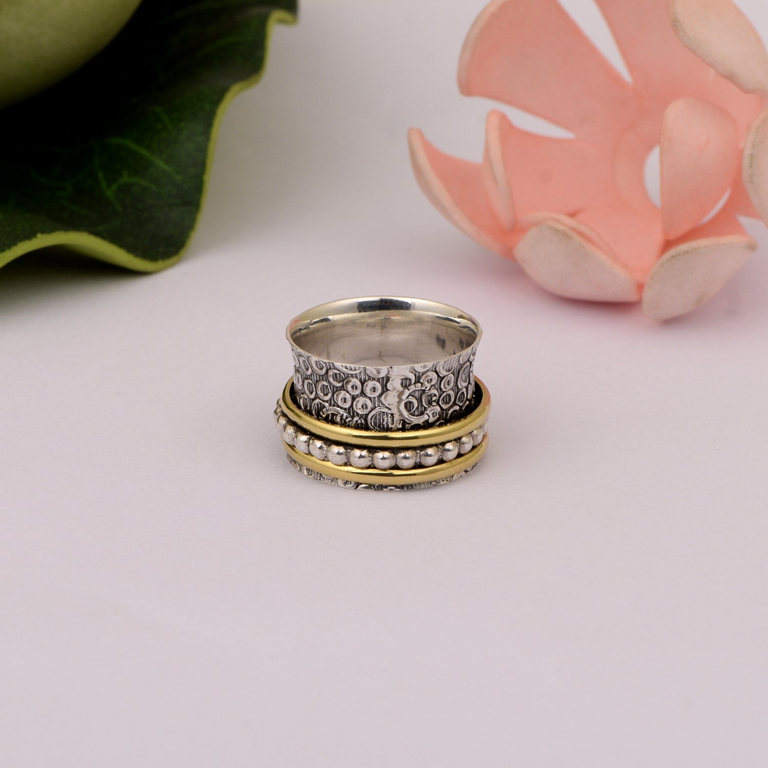 Textured Beaded Gold-Tone Spinner Ring - Sterling Silver