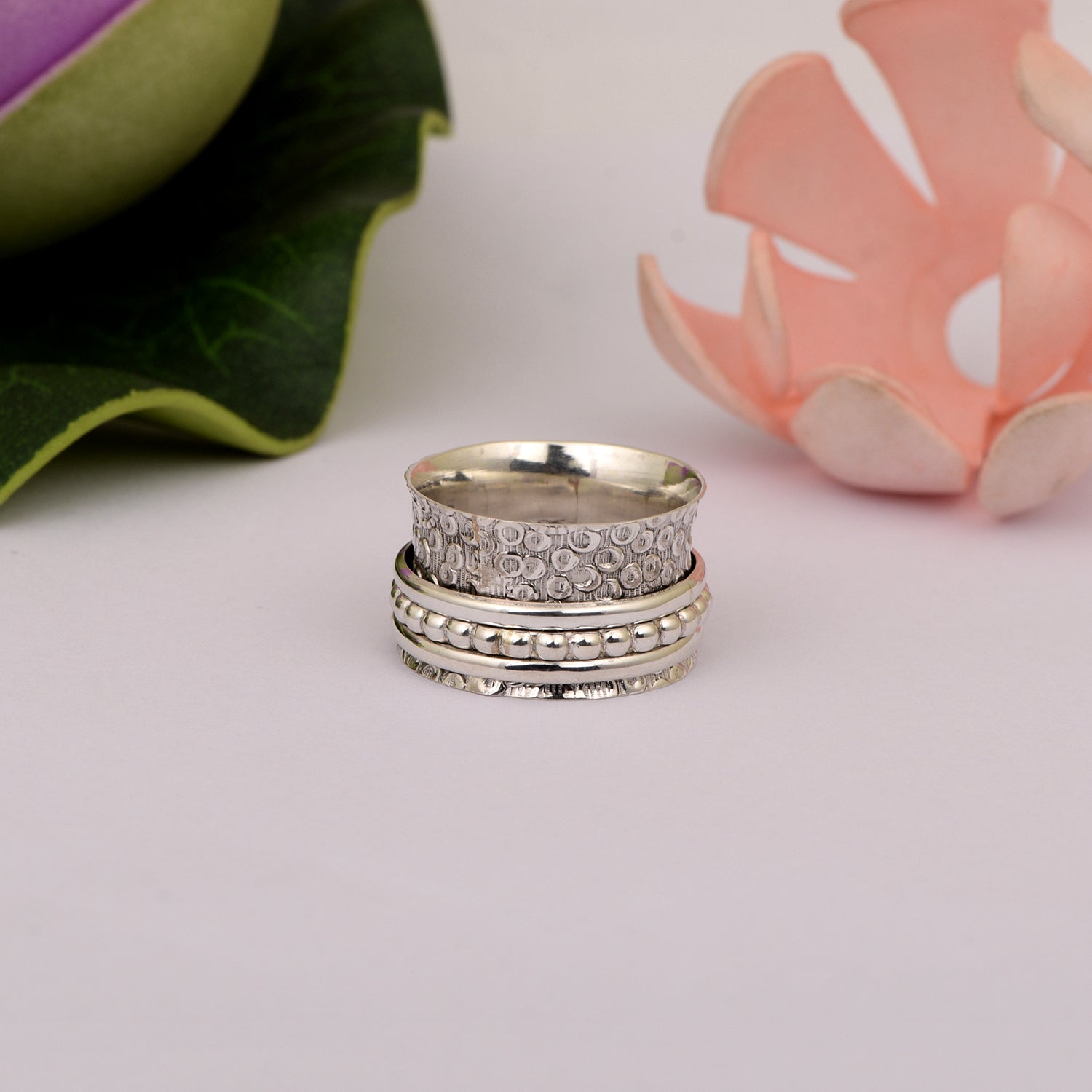 Triple Band Textured Spinner Ring - Sterling Silver