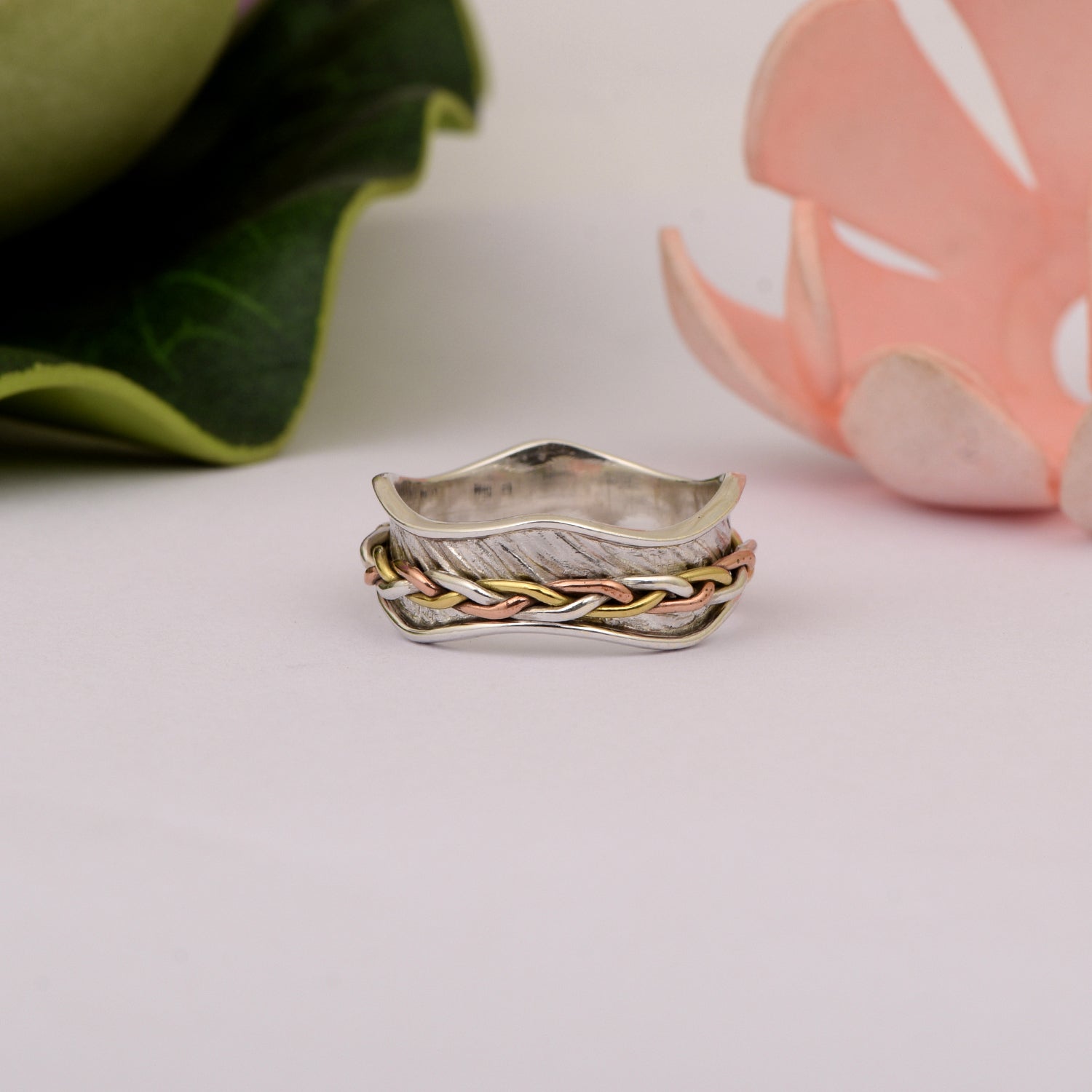 Braided Tri-Tone Wave Band Spinner Ring - Sterling Silver