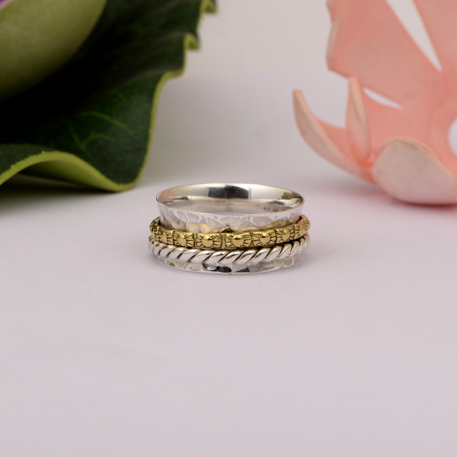 Golden Motif & Rope Edge Spinner Ring - Sterling Silver