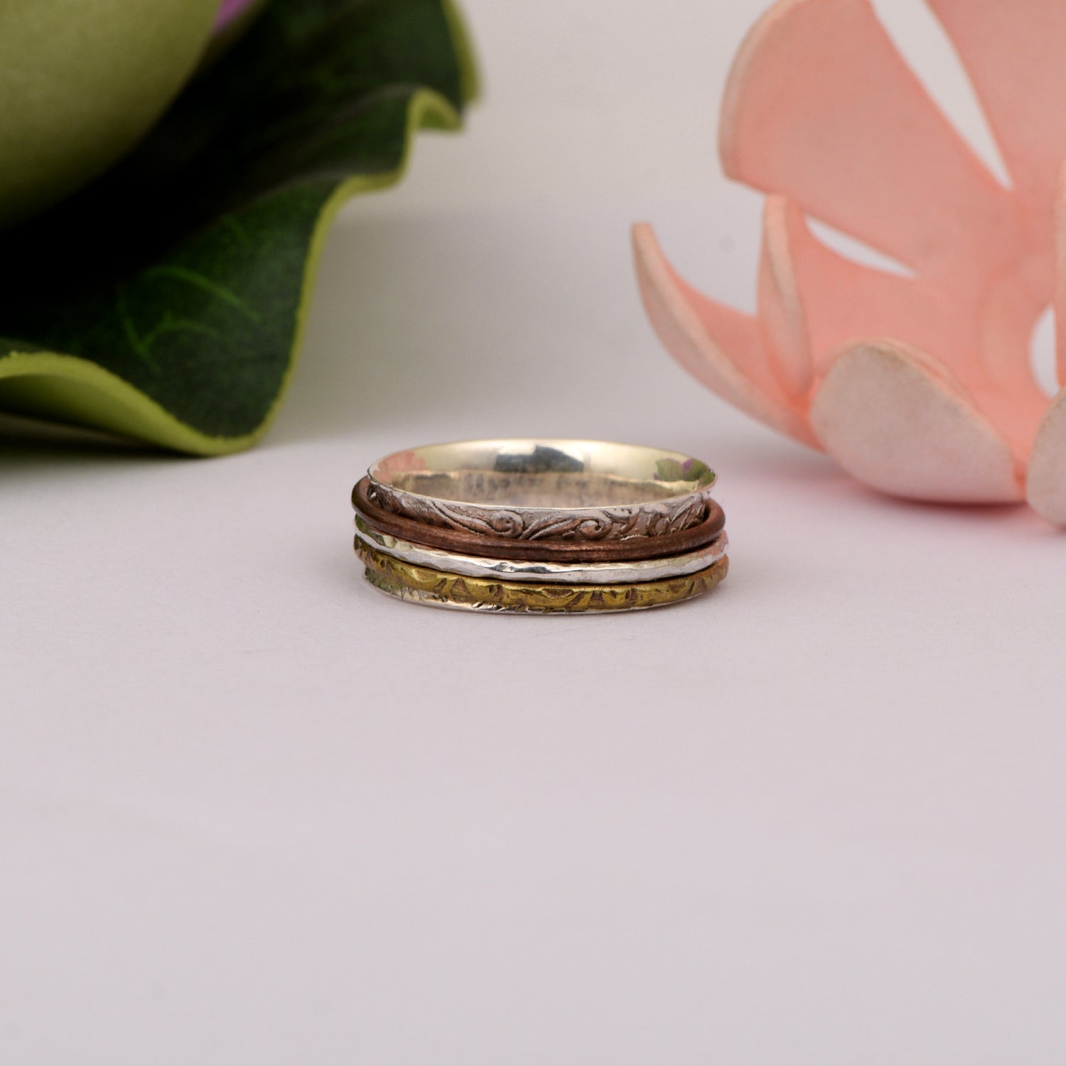 Etched Floral Band Spinner Ring - Sterling Silver