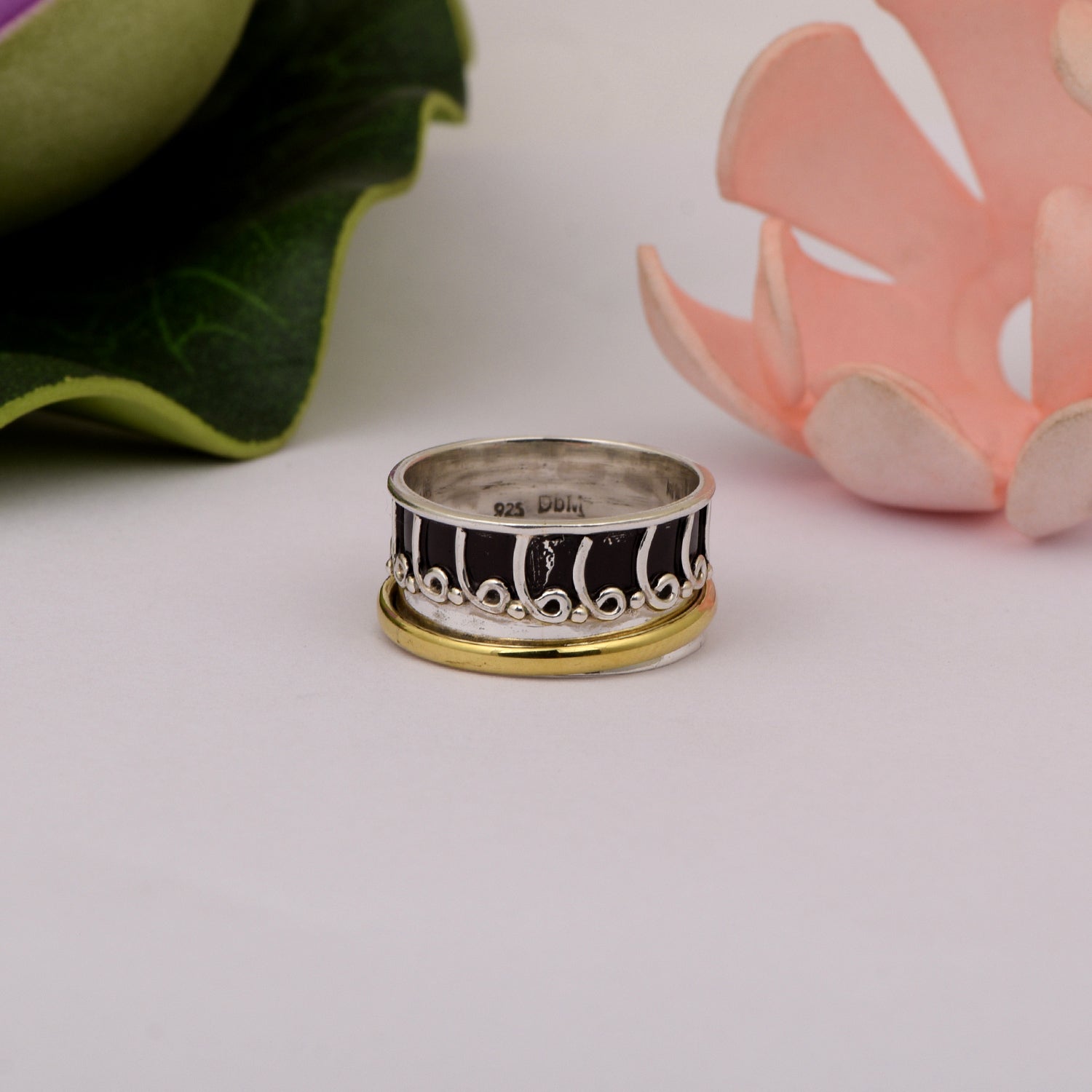 Black Enamel Scroll Design Spinner Ring - Sterling Silver