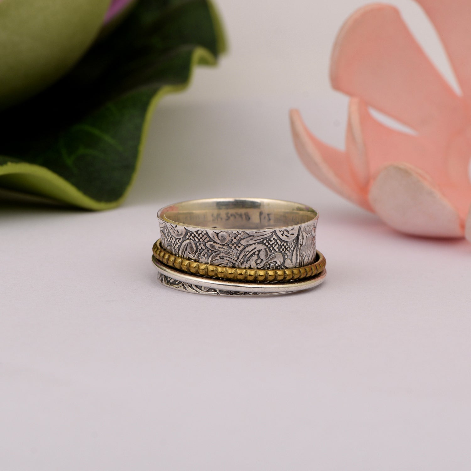 Floral Engraved Dual Band Spinner Ring - Sterling Silver