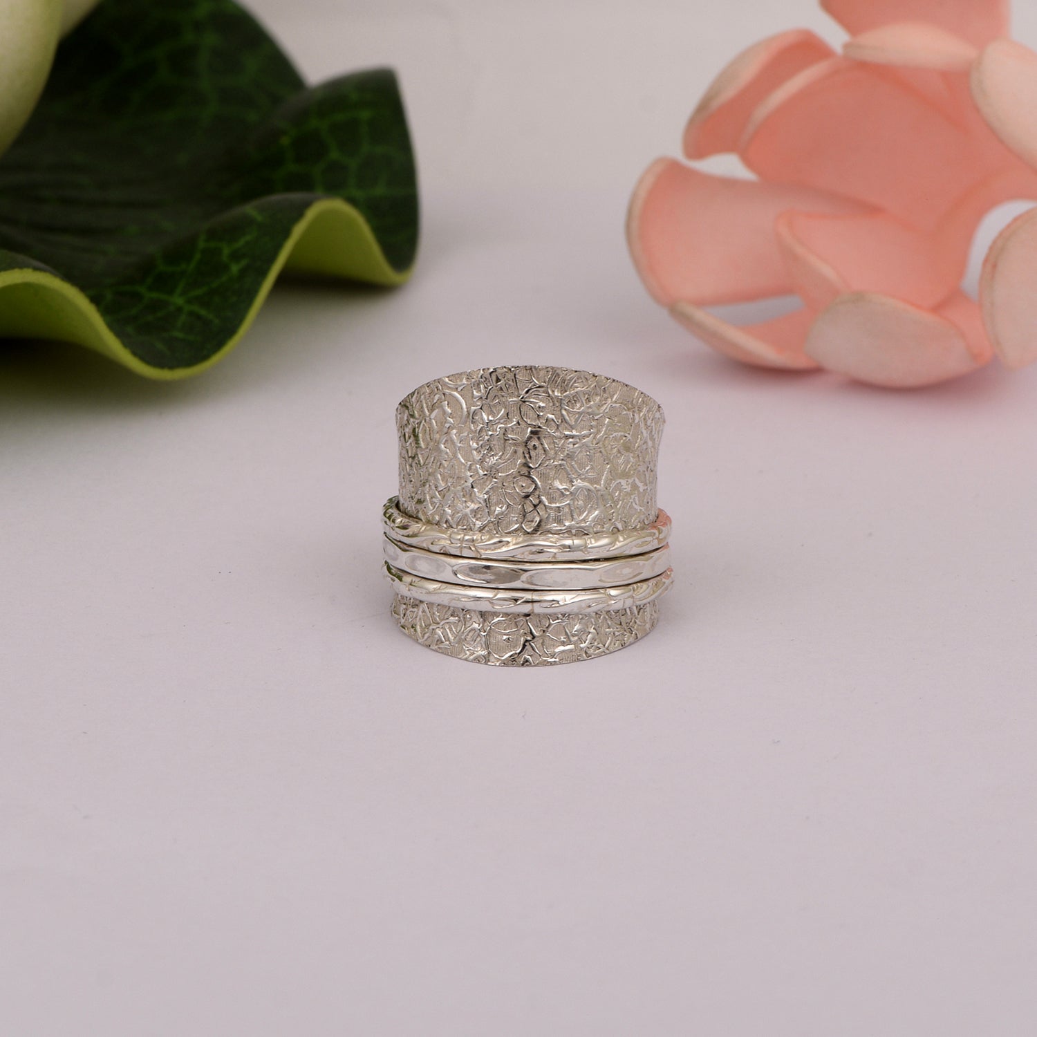 Triple Plain Band Engraved Spinner Ring - Sterling Silver