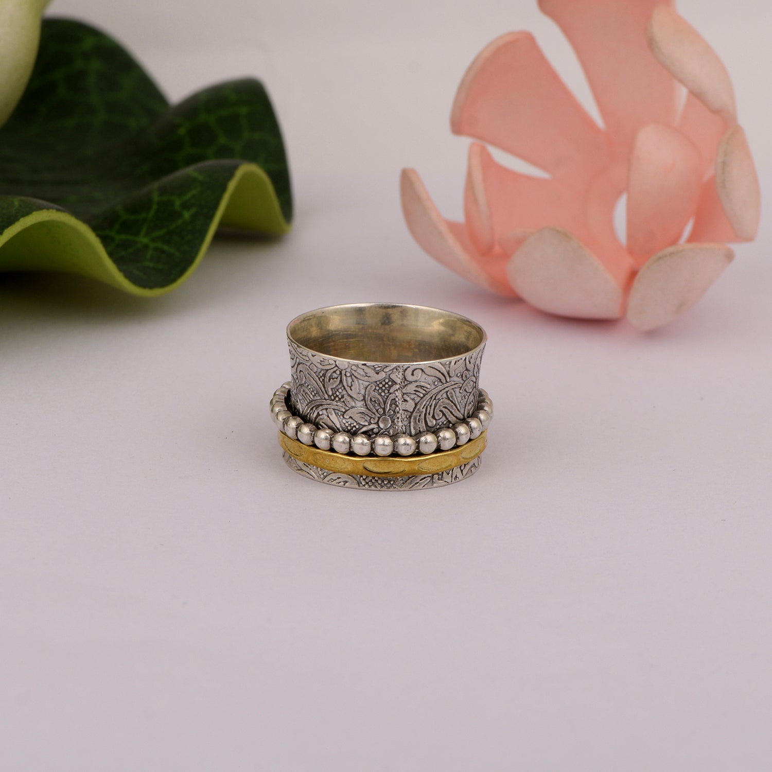 Dual Floral Engraved Spinner Ring - Sterling Silver