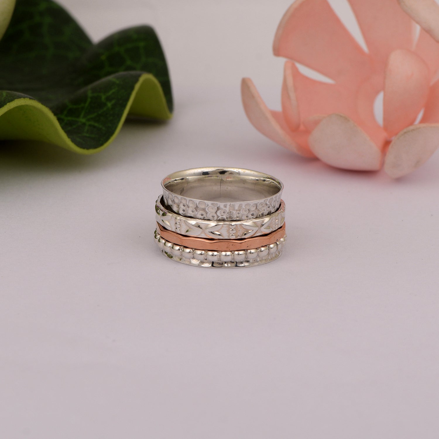 Triple Band Textured Design Spinner Ring - Sterling Silver