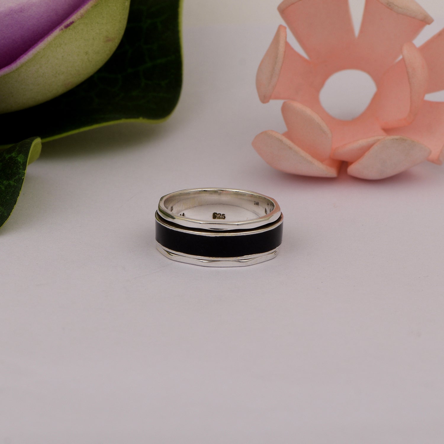 Black Enamel Spinner Ring - Sterling Silver