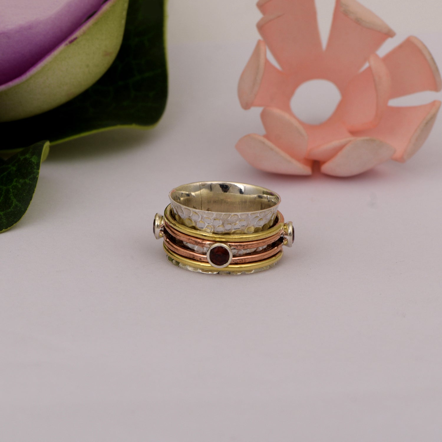 Garnet Hammered Spinner Band Ring - Sterling Silver