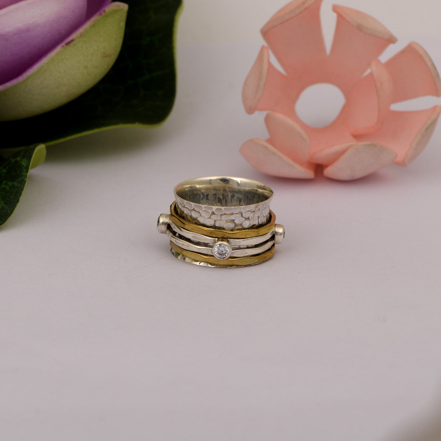 White CZ Grooved Texture Spinner Ring - Sterling Silver