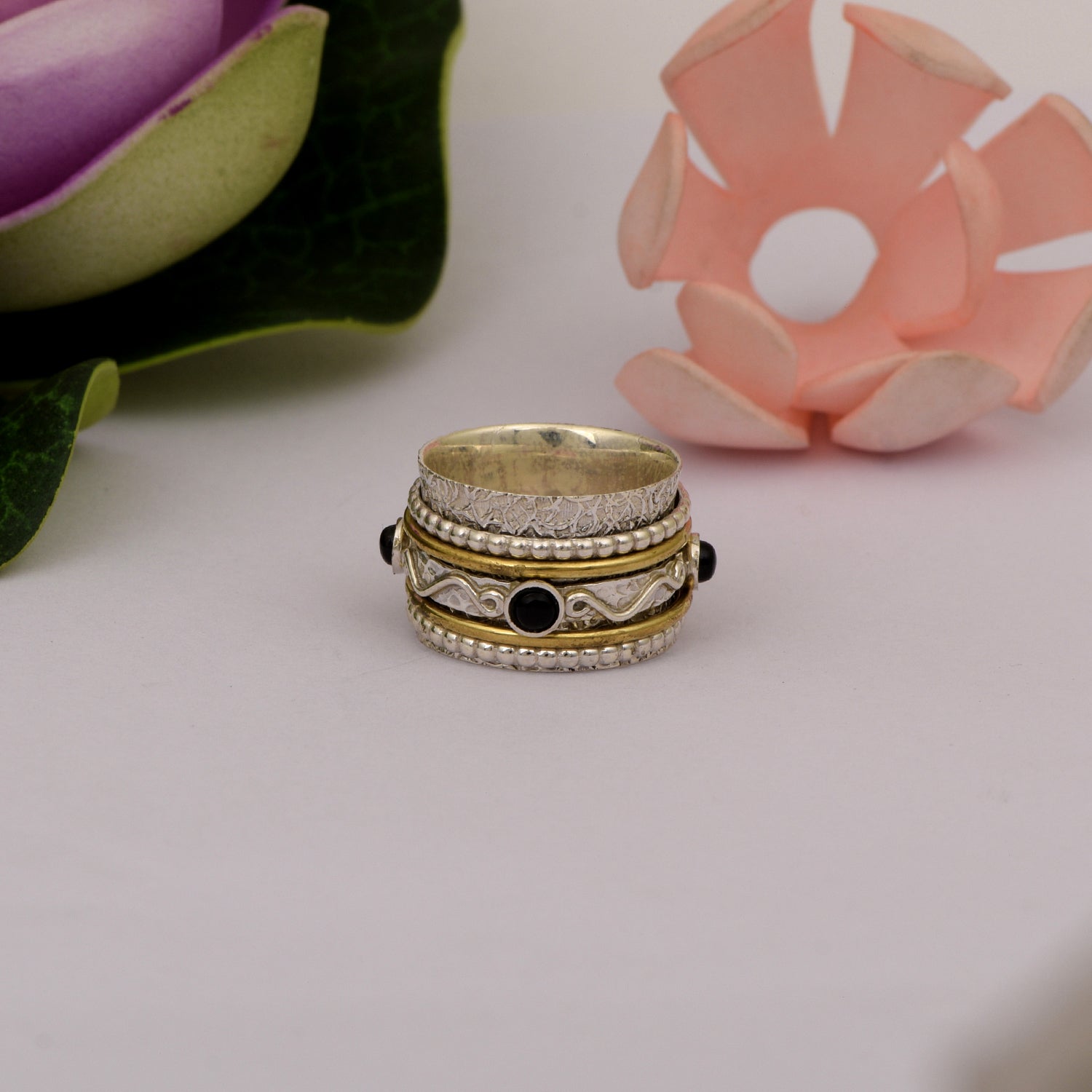 Black Onyx Textured Tribal Design Spinner Ring - Sterling Silver