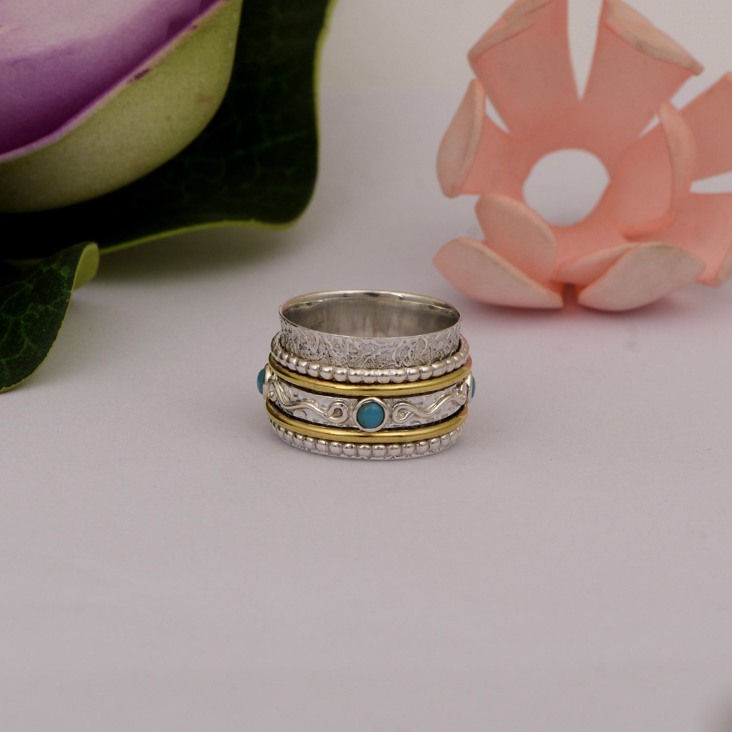 Turquoise Tribal Textured Design Spinner Ring - Sterling Silver