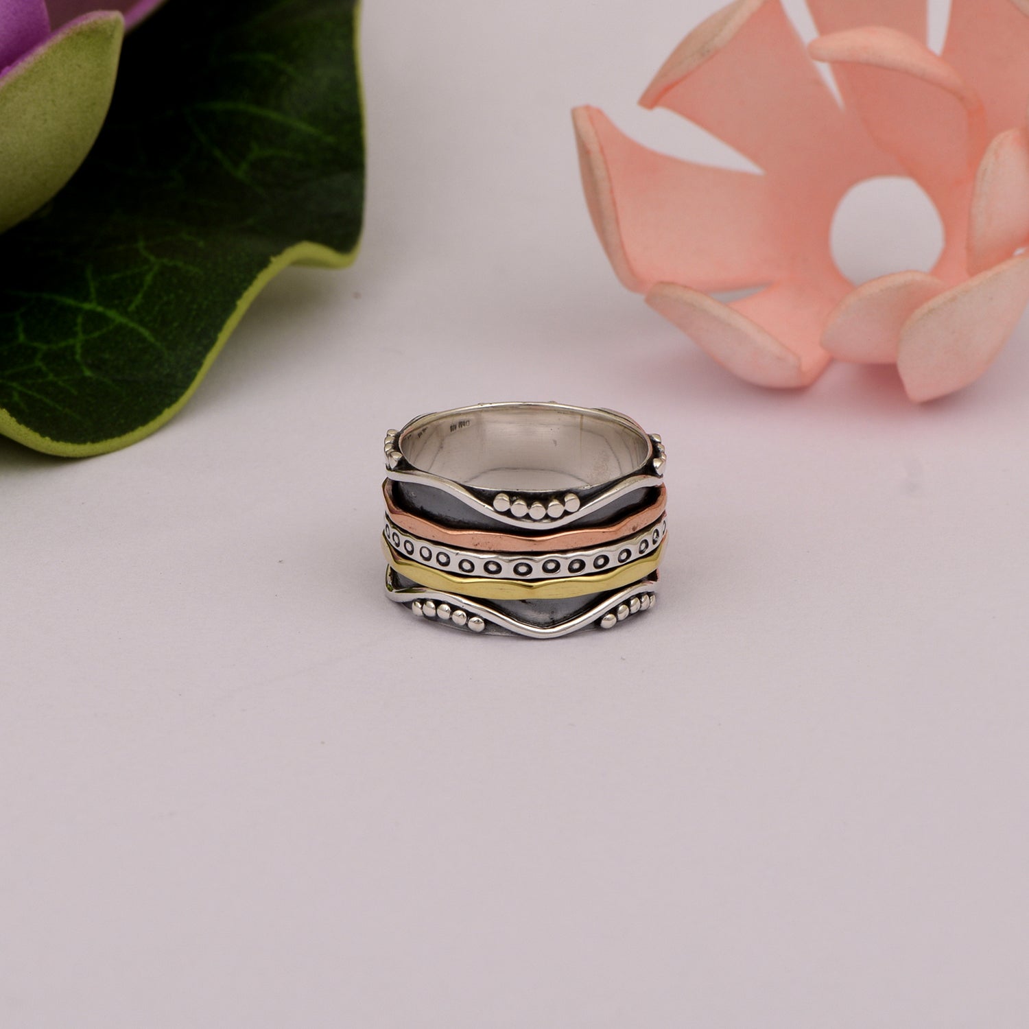 Wavy Edge Beaded Design Spinner Ring - Sterling Silver