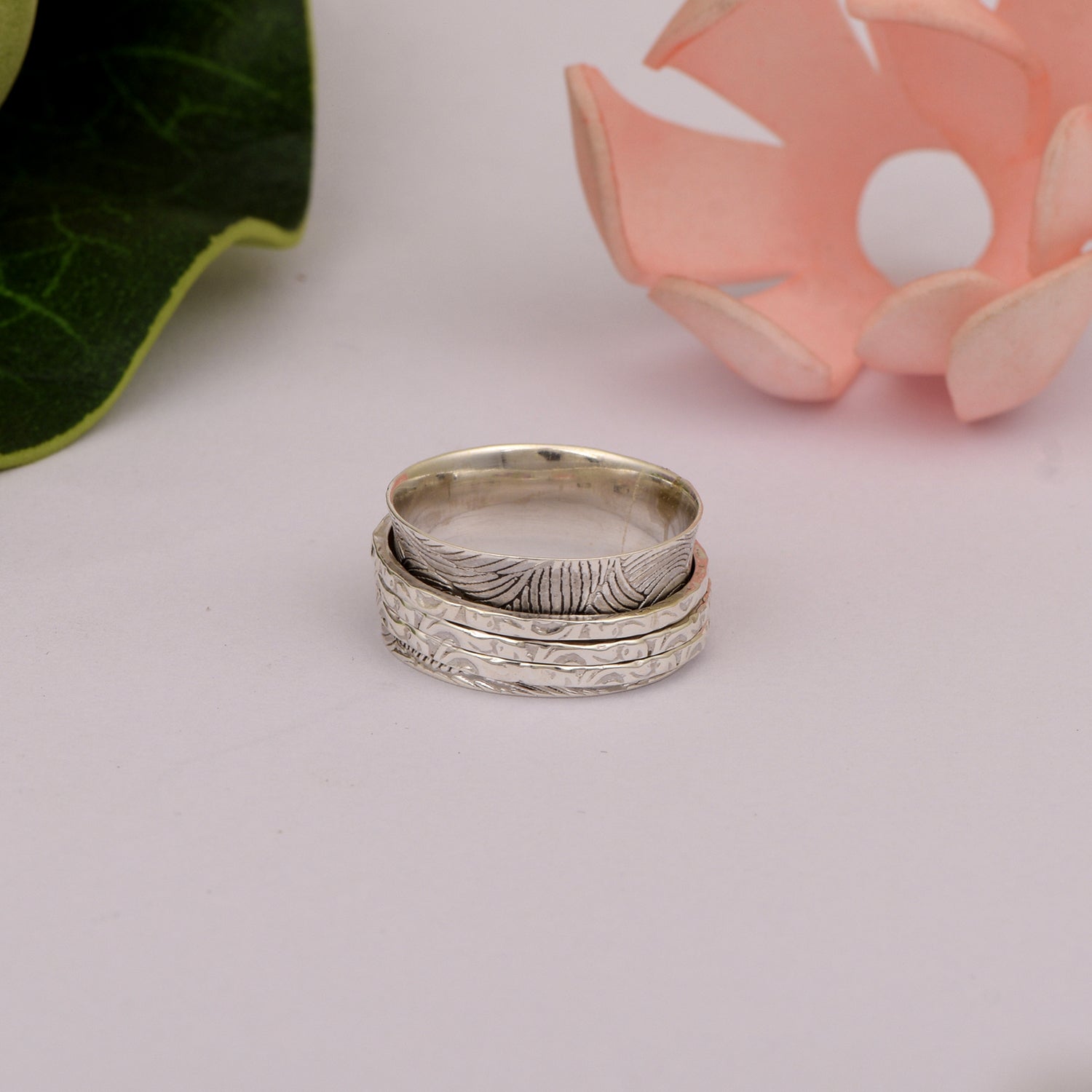 Triple Band Textured Design Spinner Ring - Sterling Silver