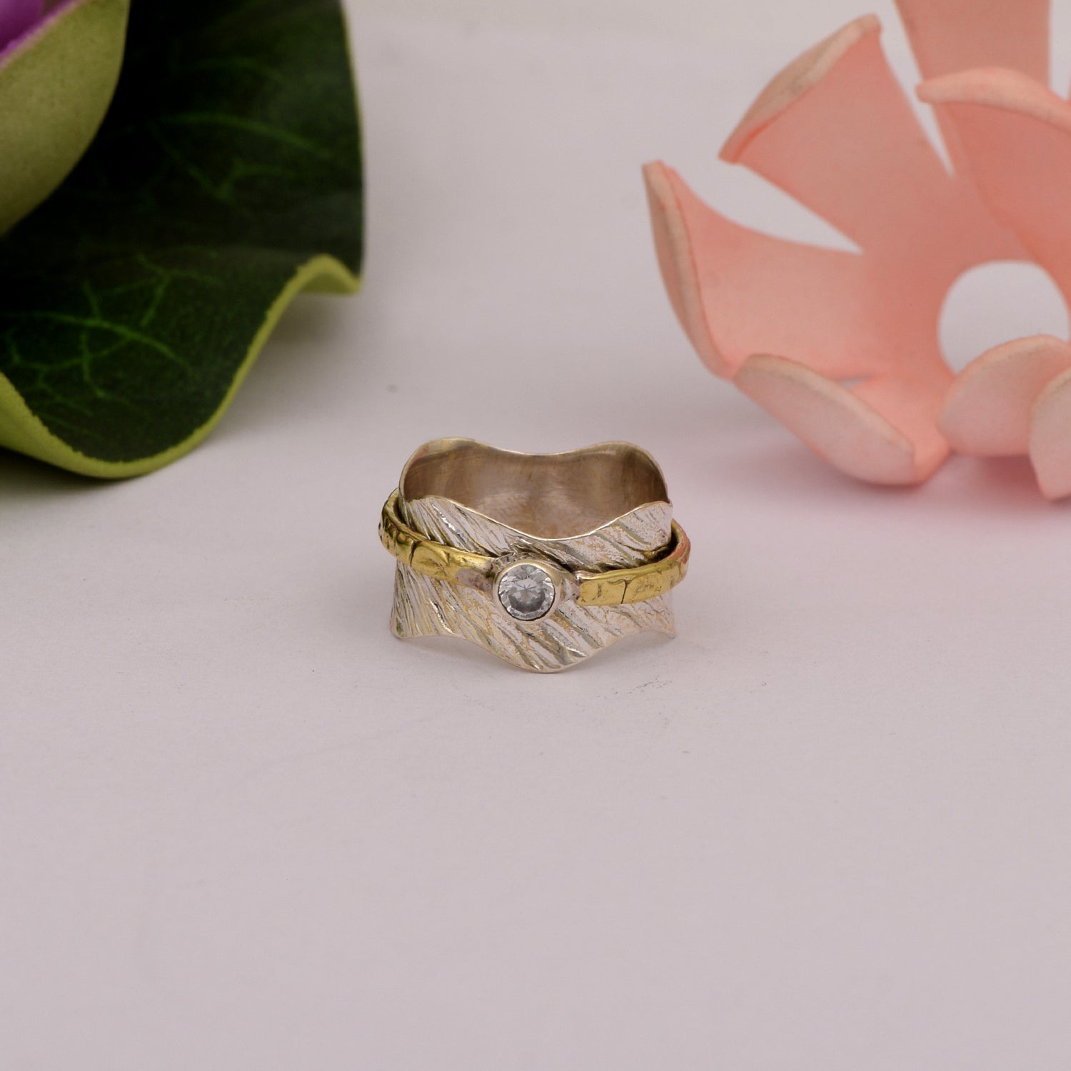 Blue Topaz Wavy Band Spinner Ring - Sterling Silver