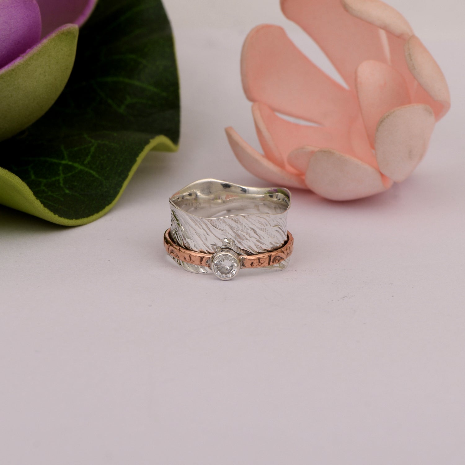White CZ Textured Wavy Spinner Ring - Sterling Silver