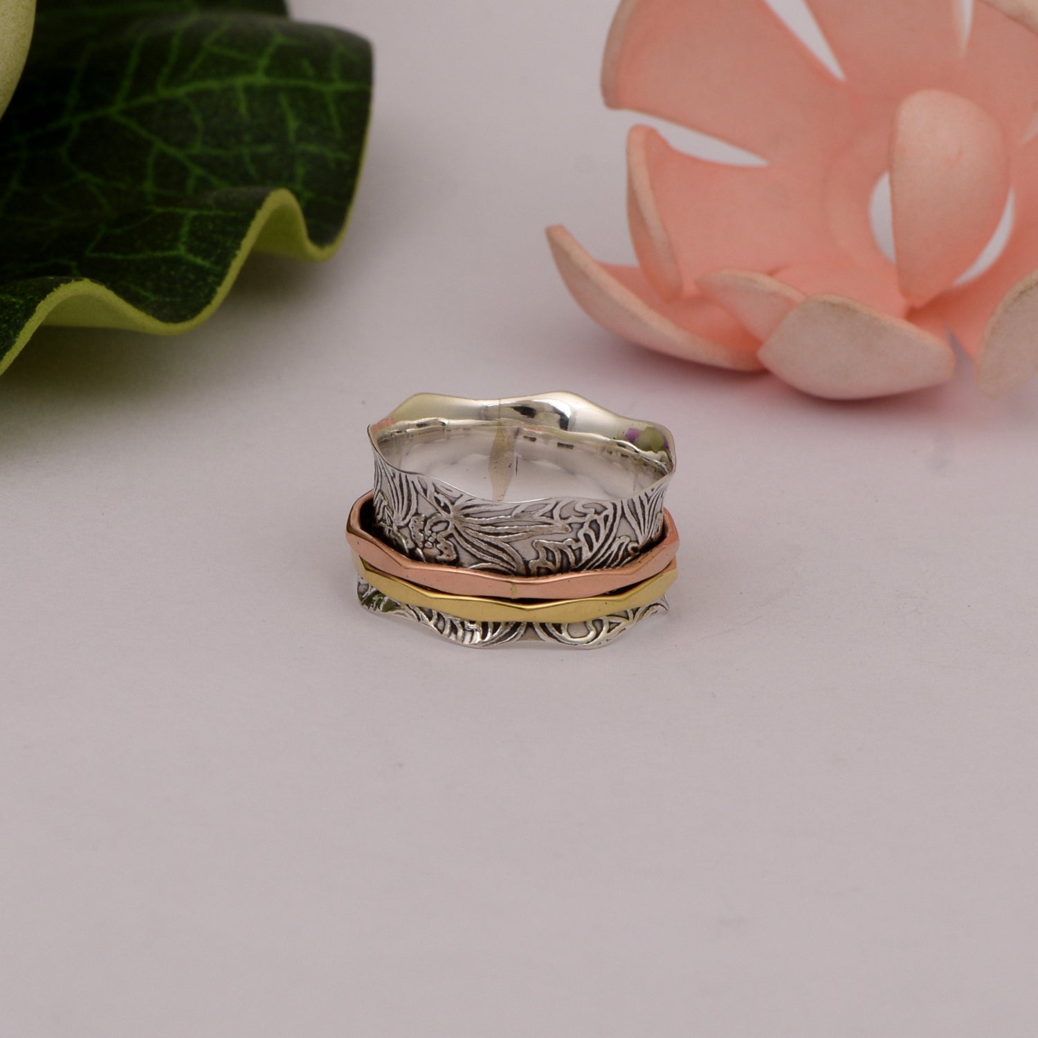 Dual Tone Engraved Design Spinner Ring - Sterling Silver