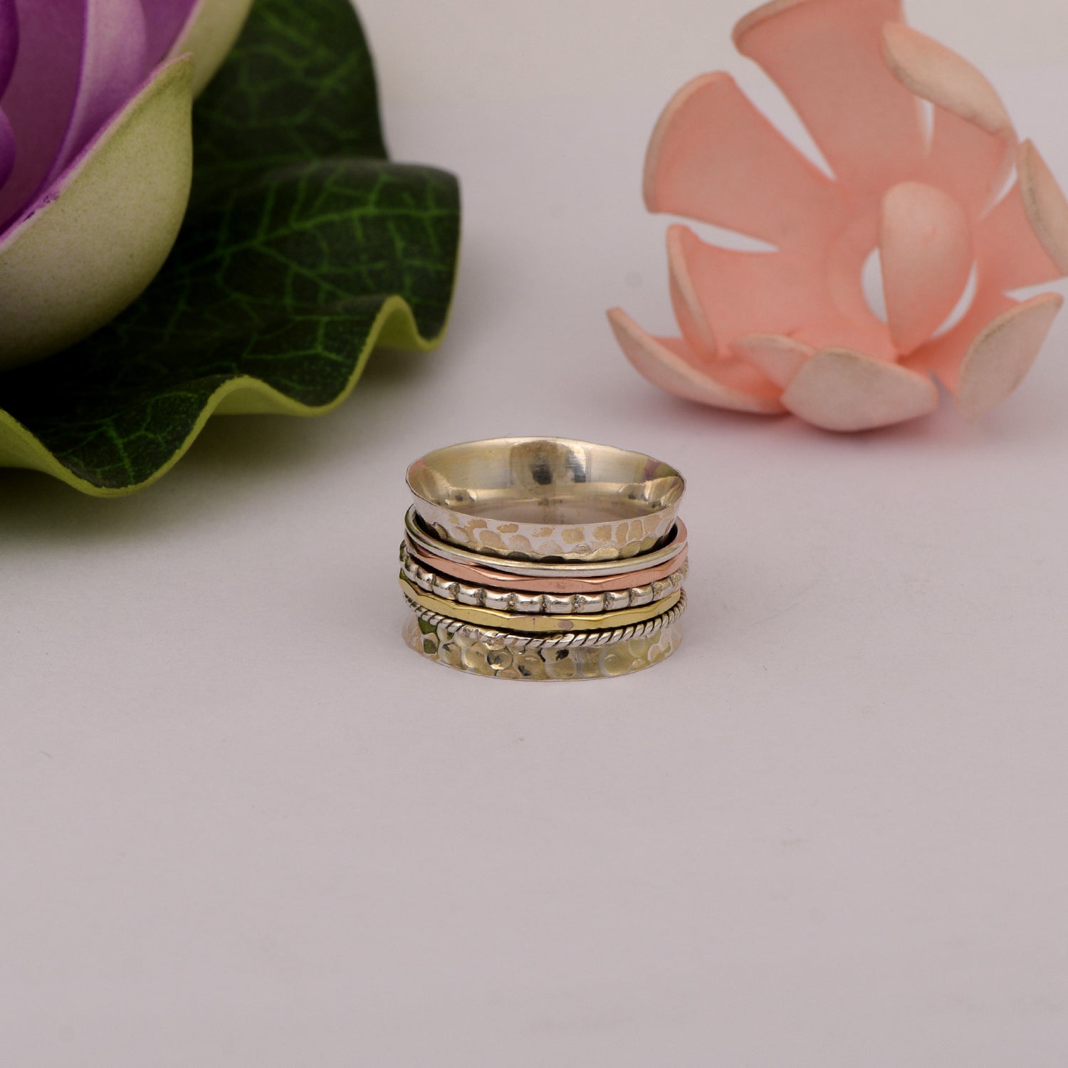 Multi-Band Textured Design Spinner Ring - Sterling Silver