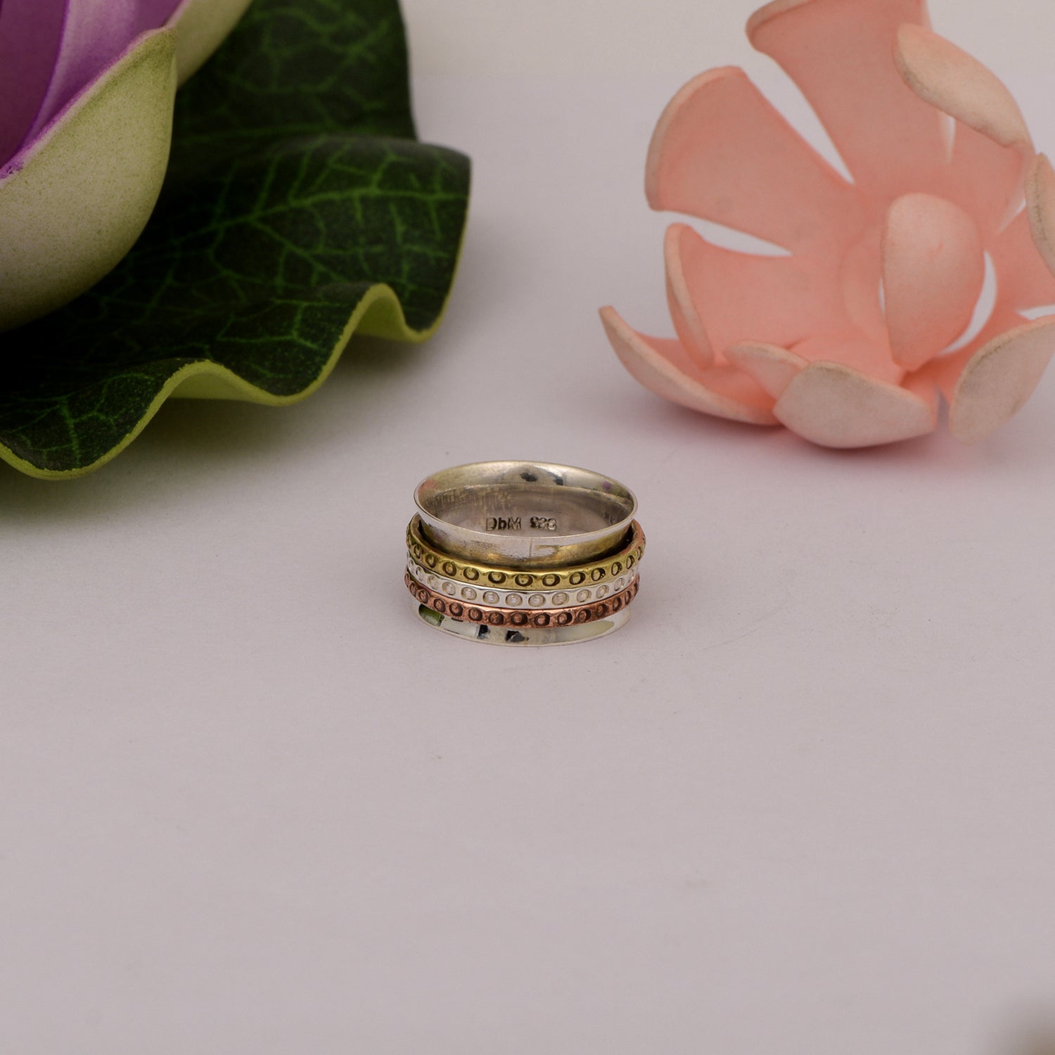 Triple Band with Etched Dot Spinner Ring - Sterling Silver