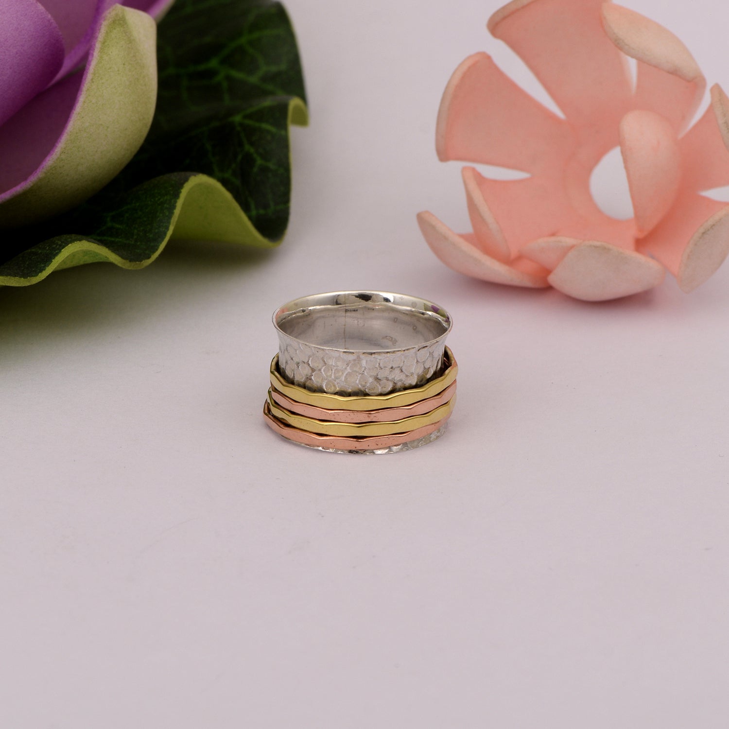 Hammered Tricolor Wave Spinner Ring - Sterling Silver