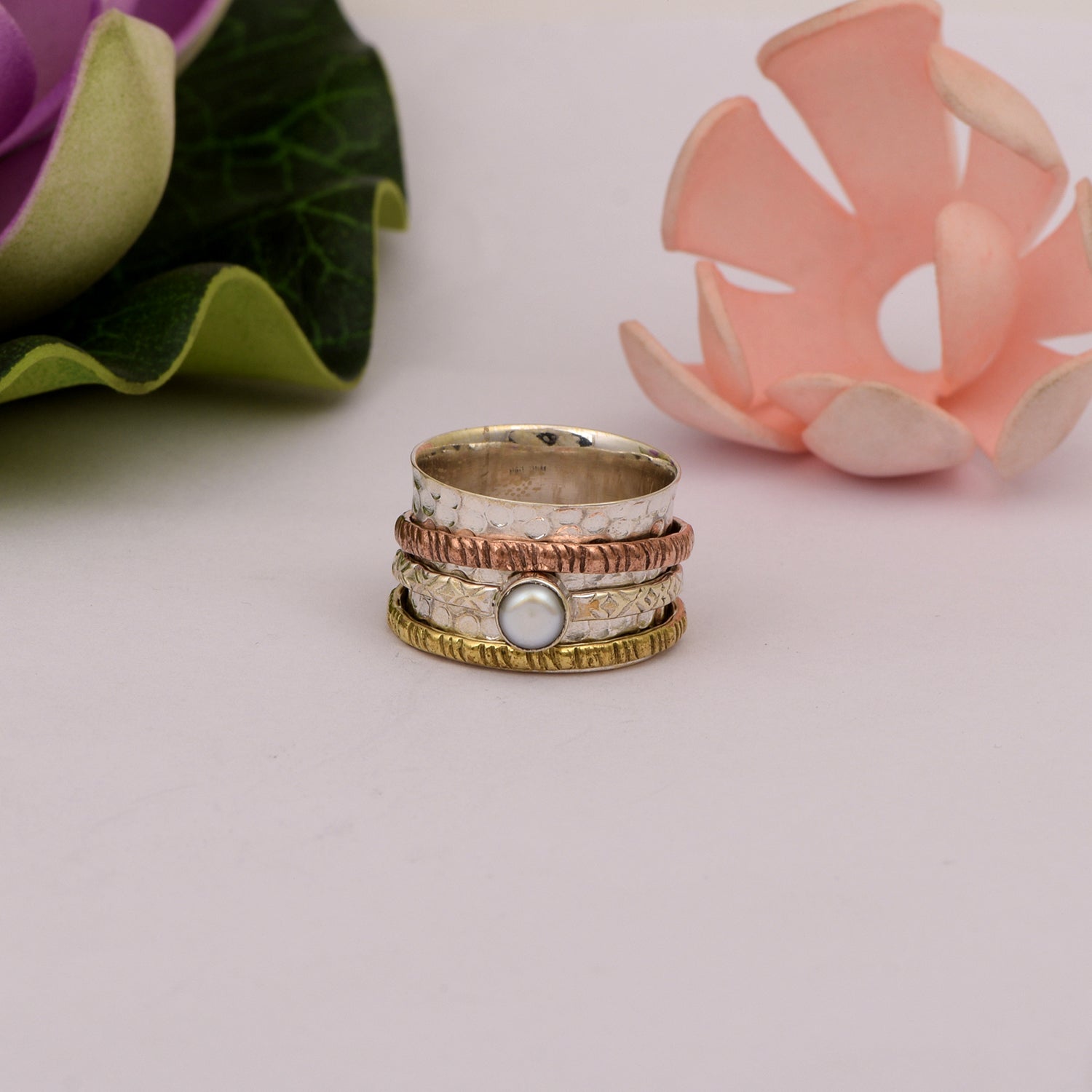 Pearl Triple Texture Design Spinner Ring - Sterling Silver