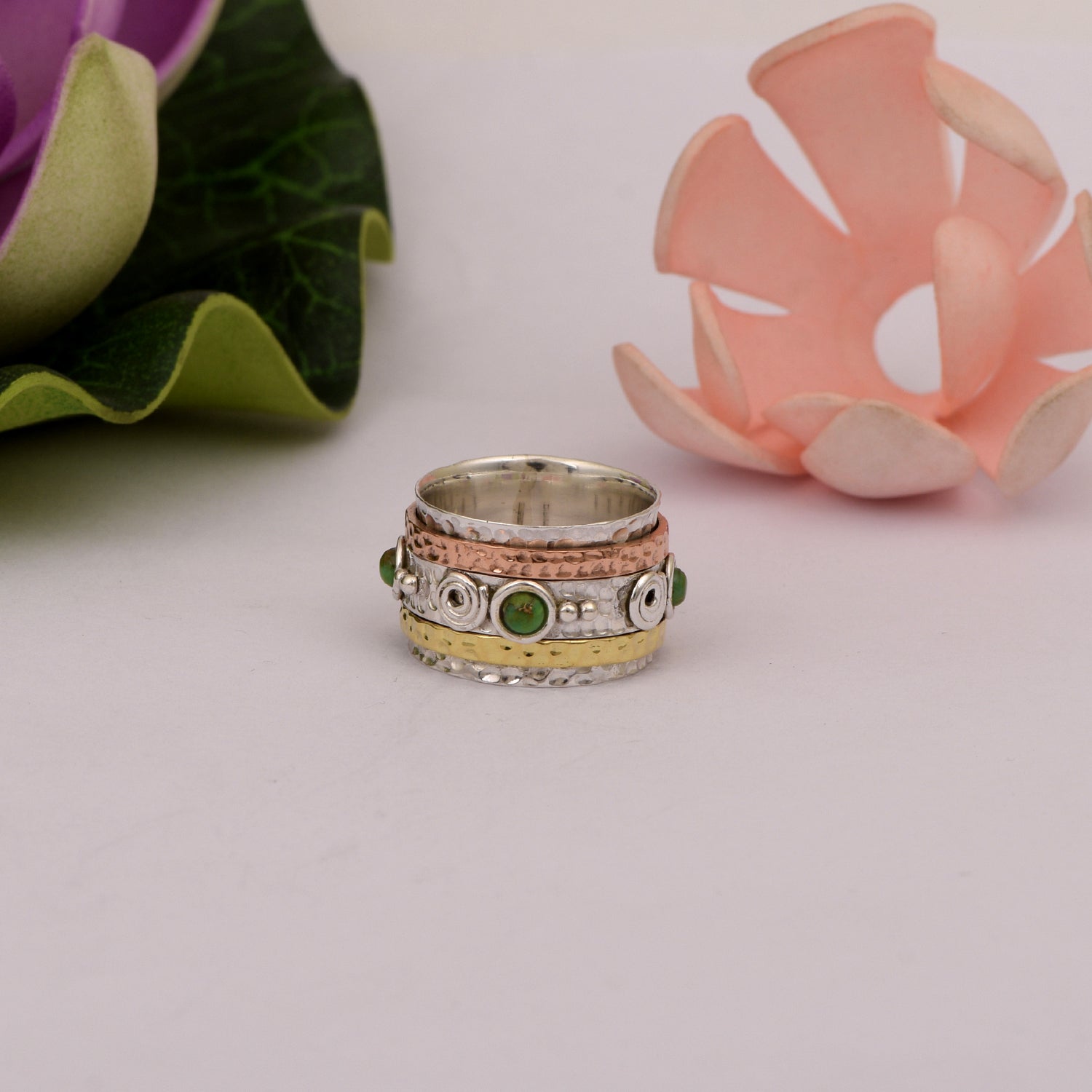 Green Turquoise Wide Textured Spinner Ring - Sterling Silver