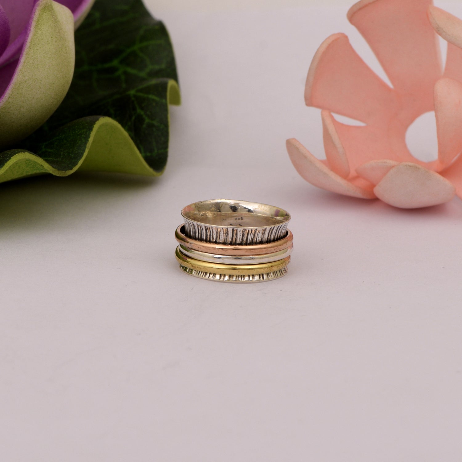 Triple-Tone Textured Spinner Ring - Sterling Silver