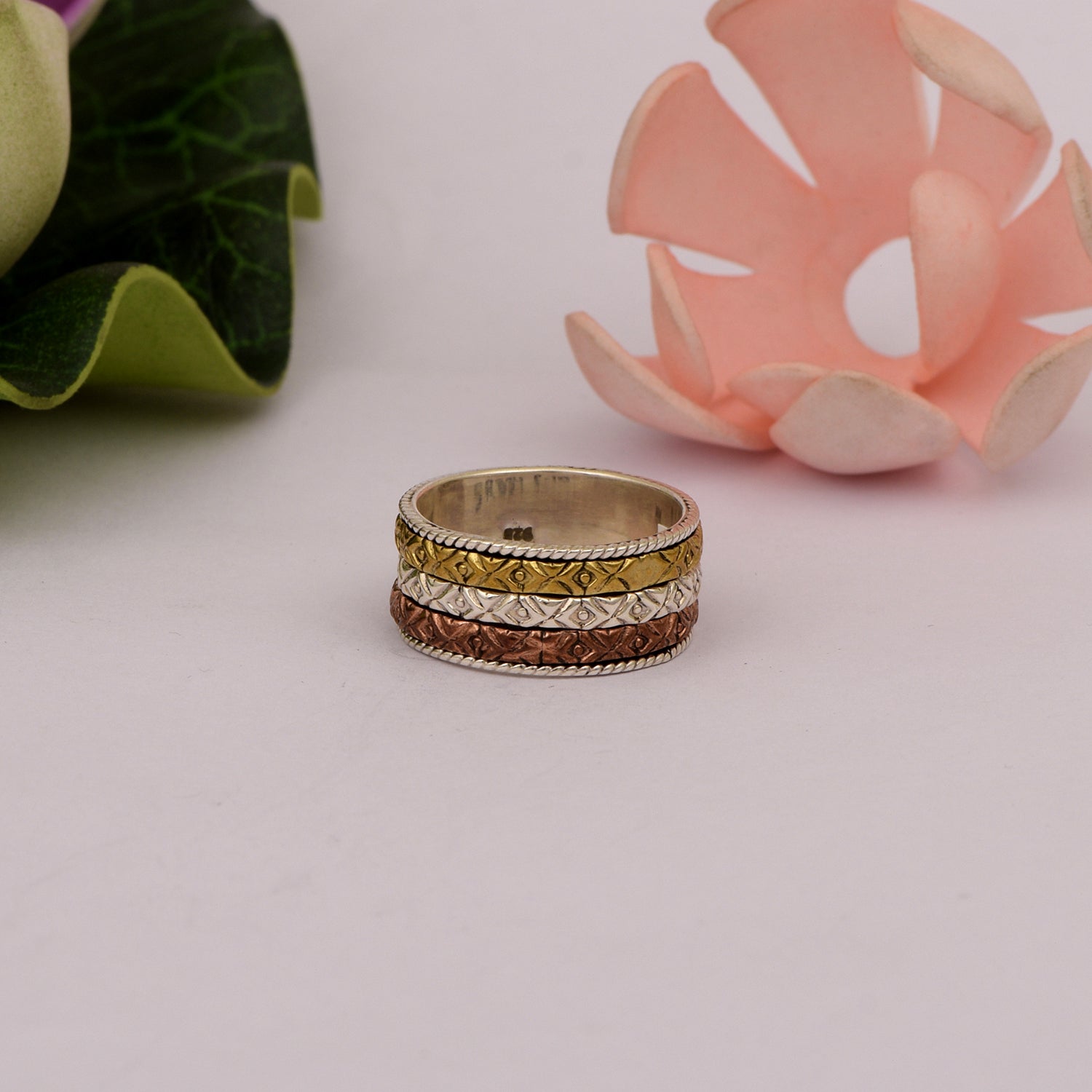 Triple Textured Rope Edging Spinner Ring - Sterling Silver