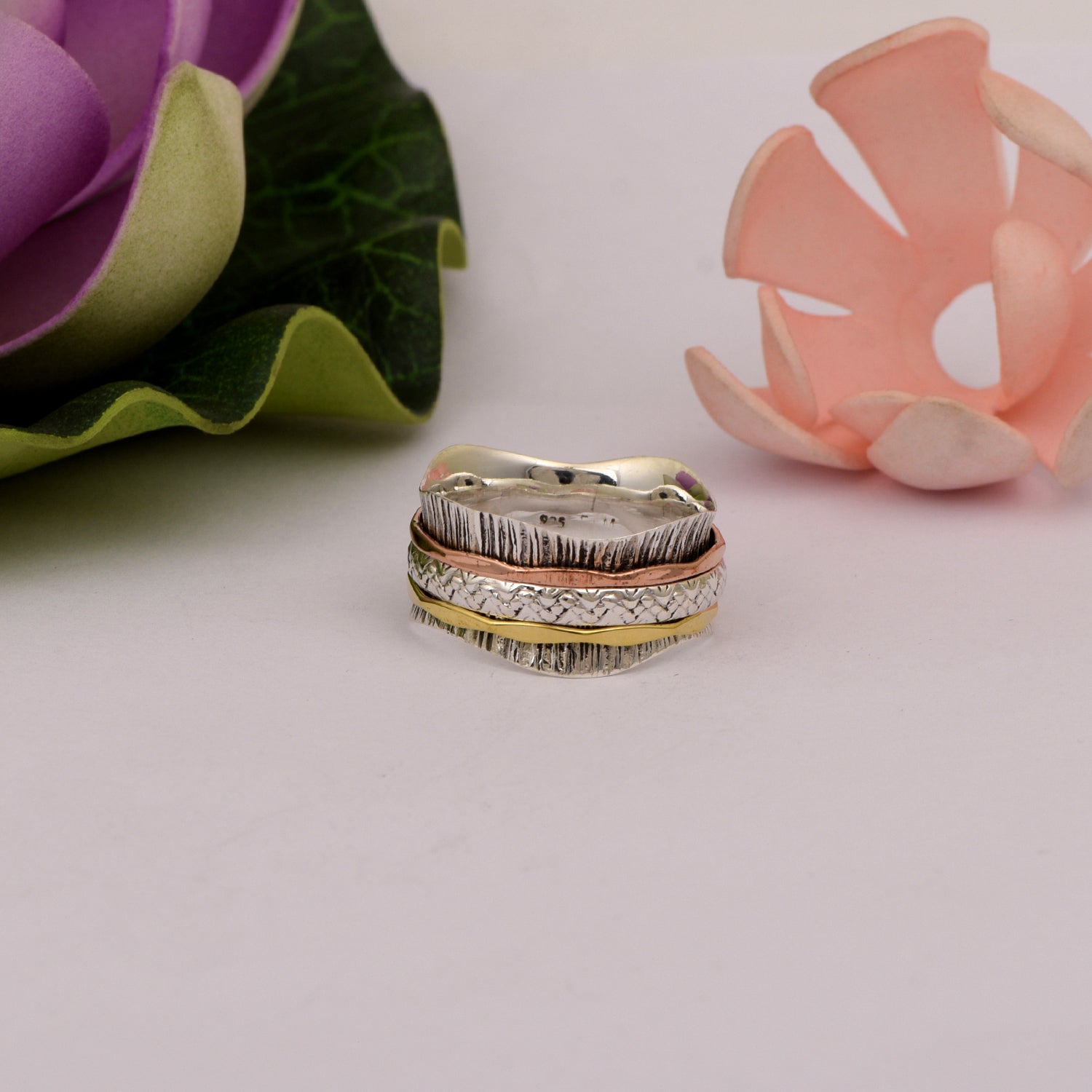 Triple Band Design Textured Spinner Ring - Sterling Silver