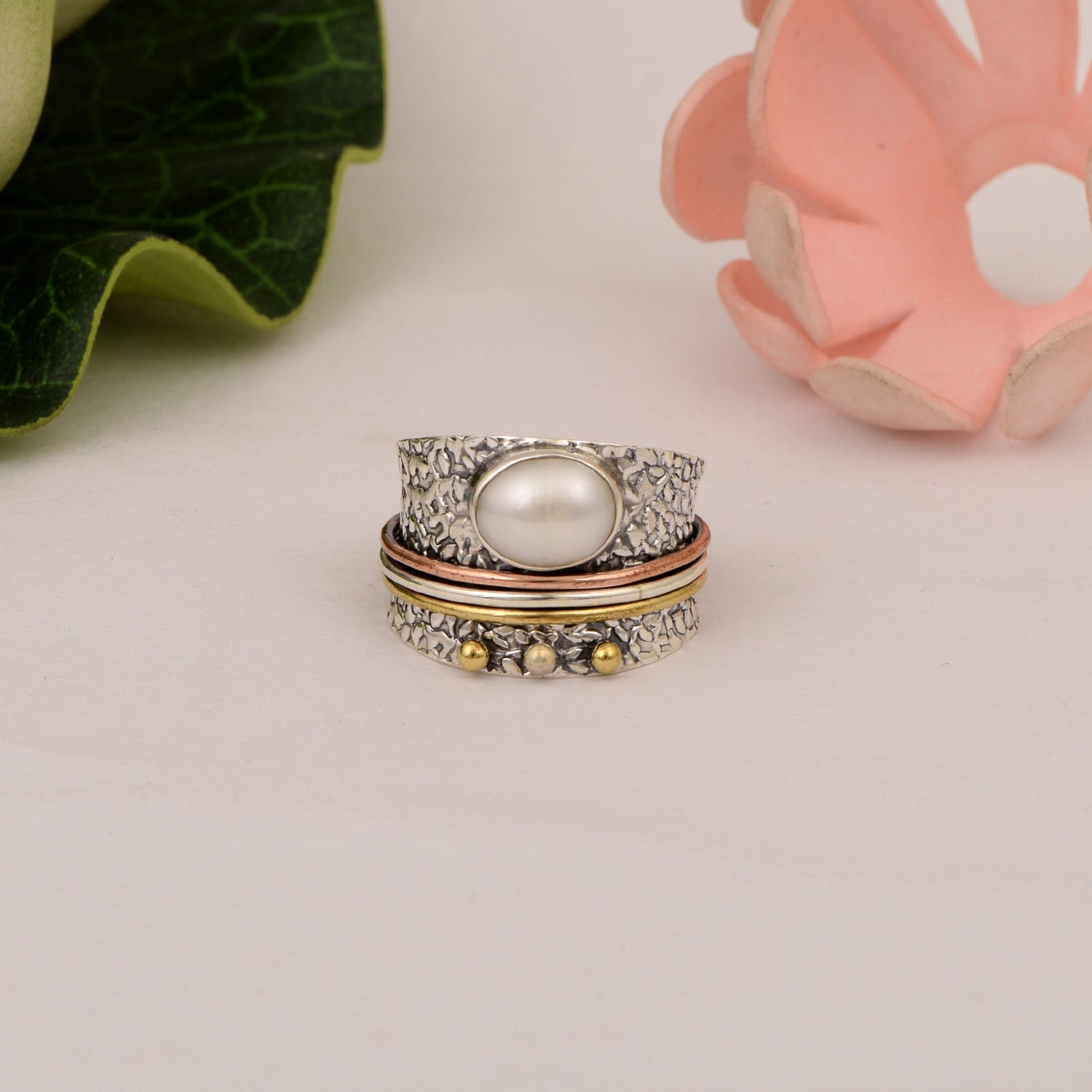 Pearl Textured Floral Spinner Ring - Sterling Silver