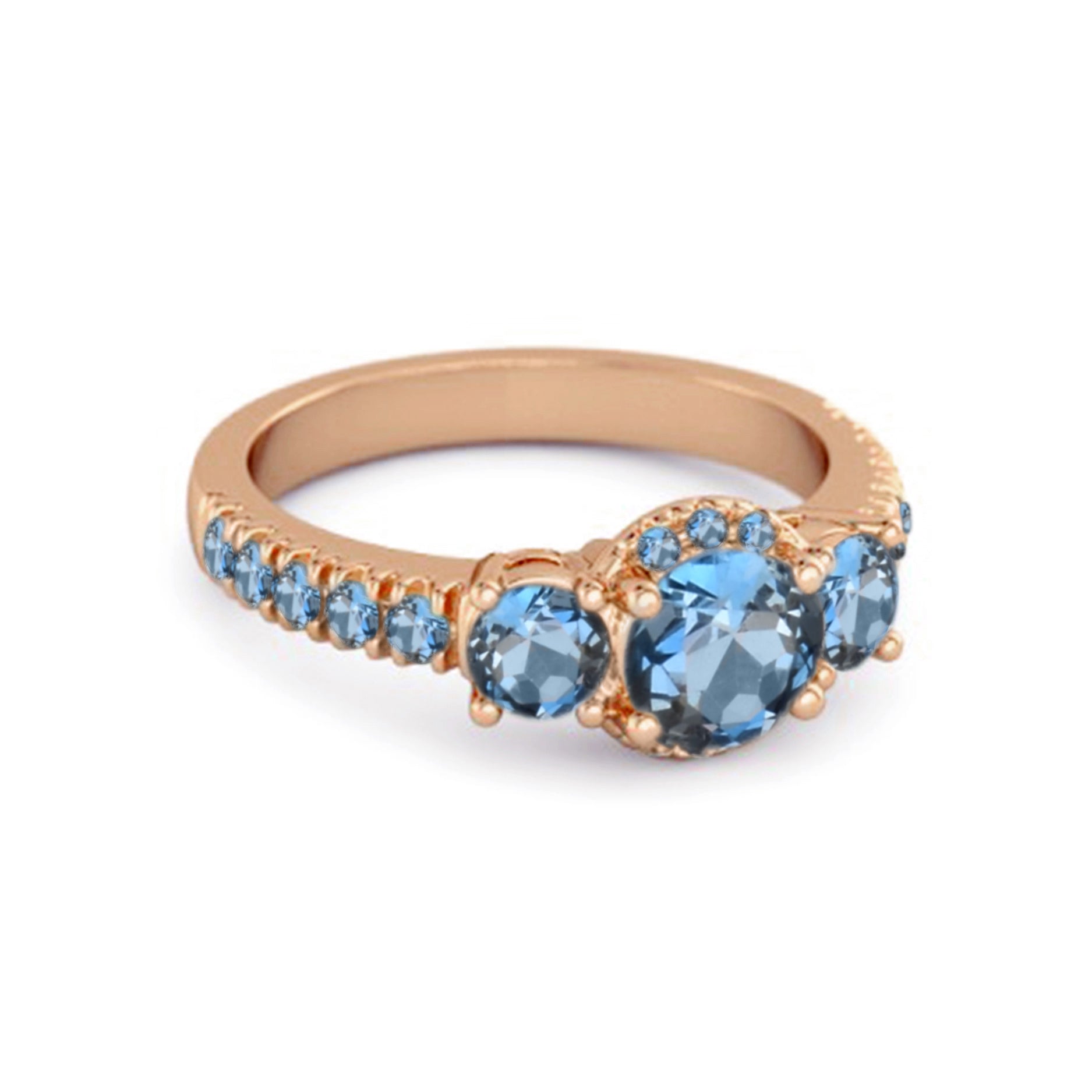 London Blue Topaz Three-Stone Halo Pavé Band Ring -Sterling Silver