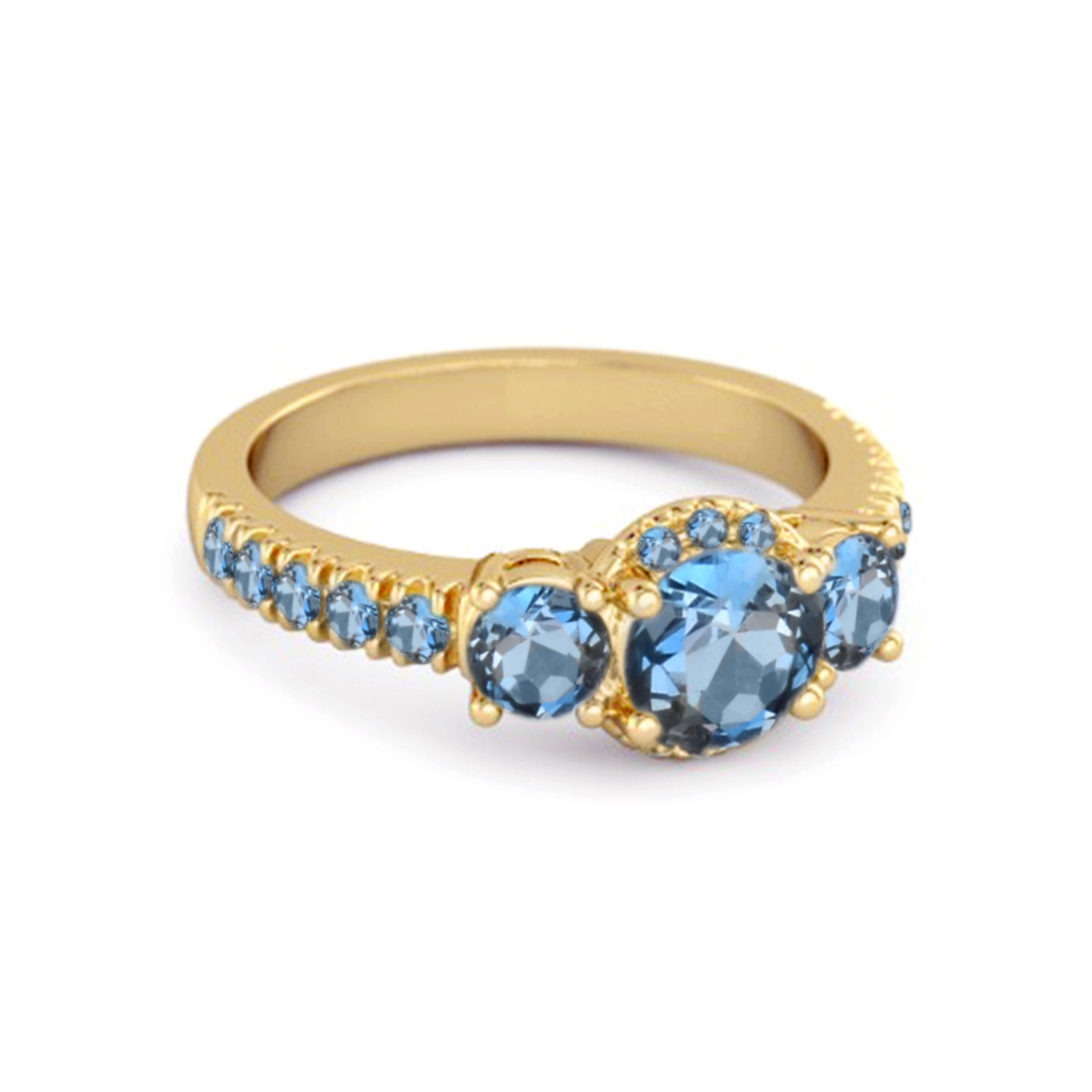 London Blue Topaz Three-Stone Halo Pavé Band Ring -Sterling Silver