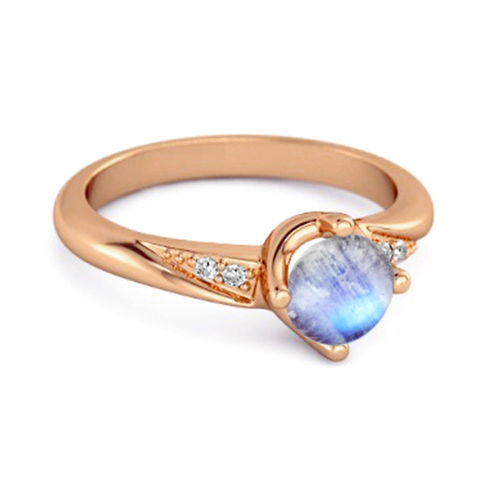 Moonstone Classic Solitaire with Accent CZ Ring - Sterling Silver