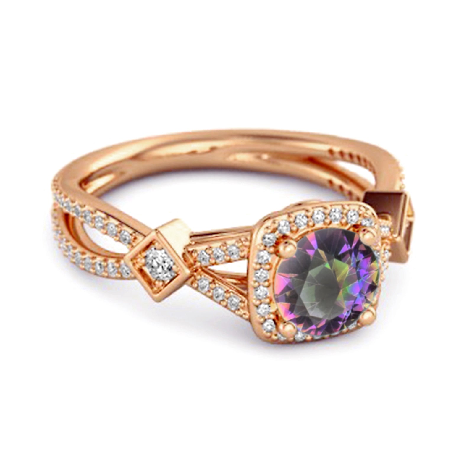 Anello nuziale vintage in argento sterling 925 con topazio mistico e gambo diviso