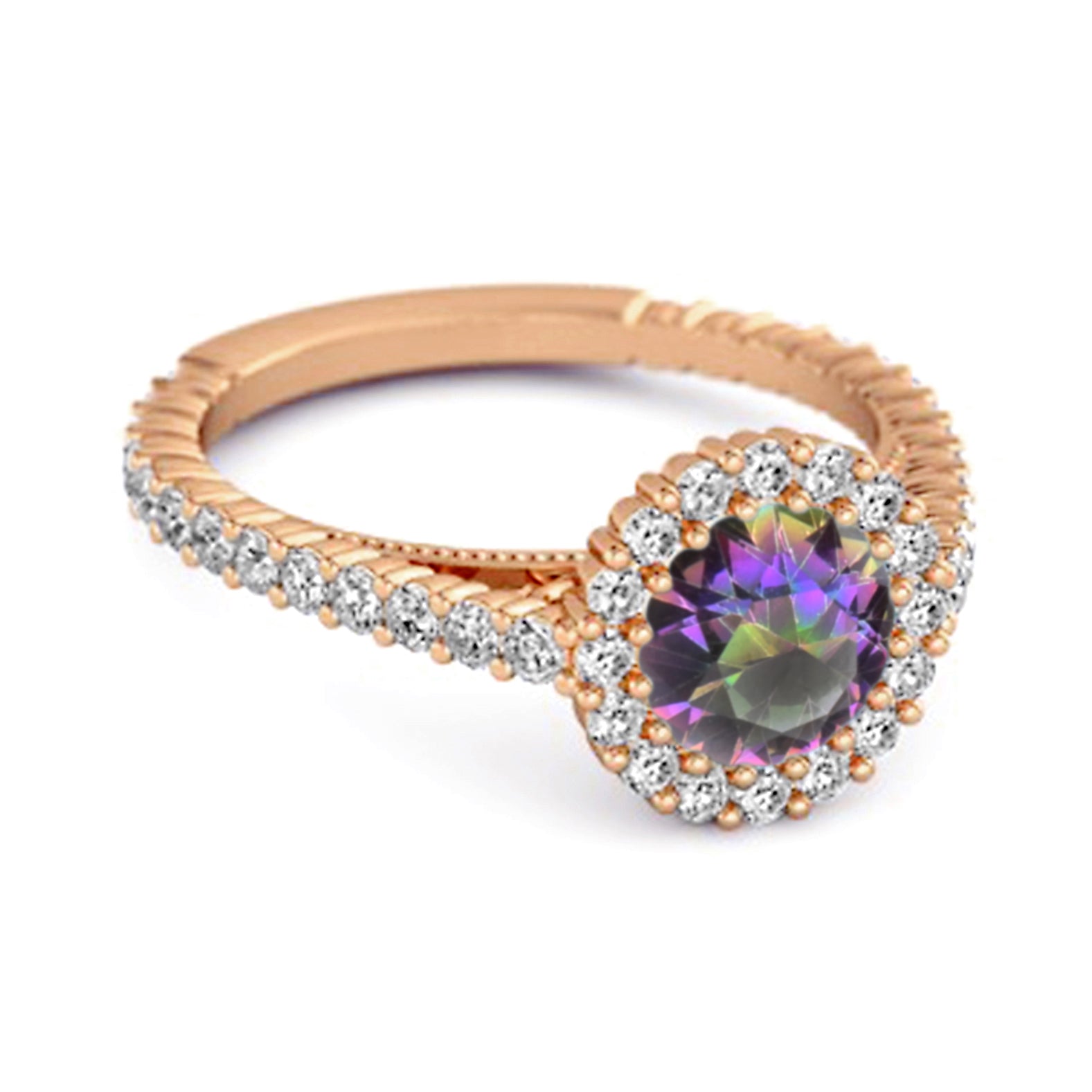 Anello di fidanzamento Halo in argento sterling 925 con topazio mistico da 0,50 ct