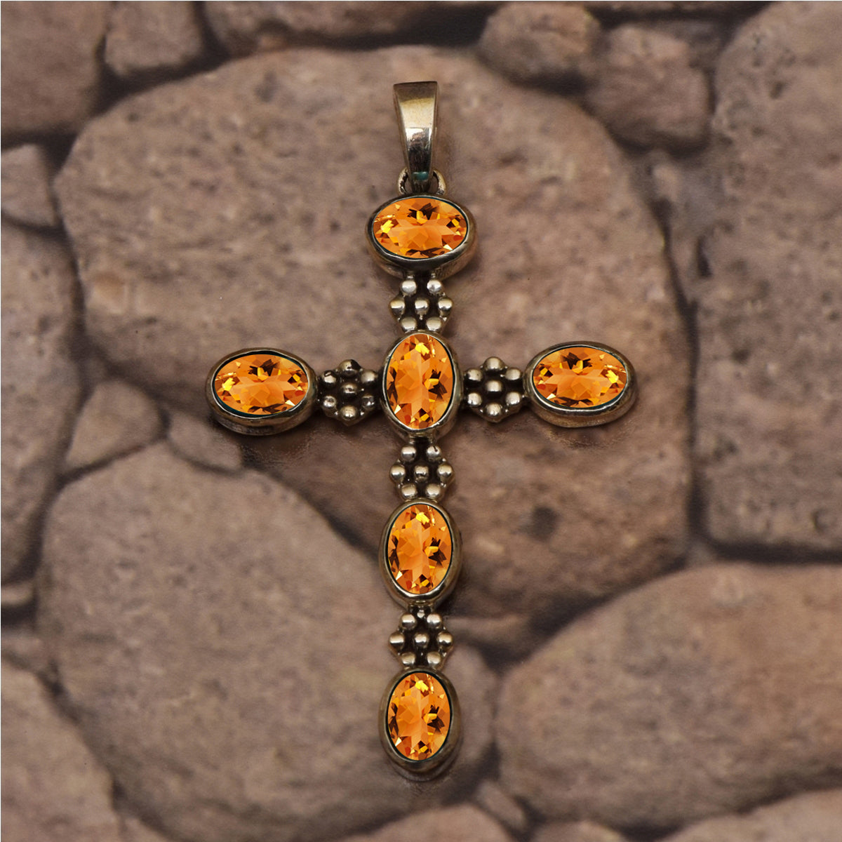 Multi Stone Ornate Cross Pendant -Sterling Silver