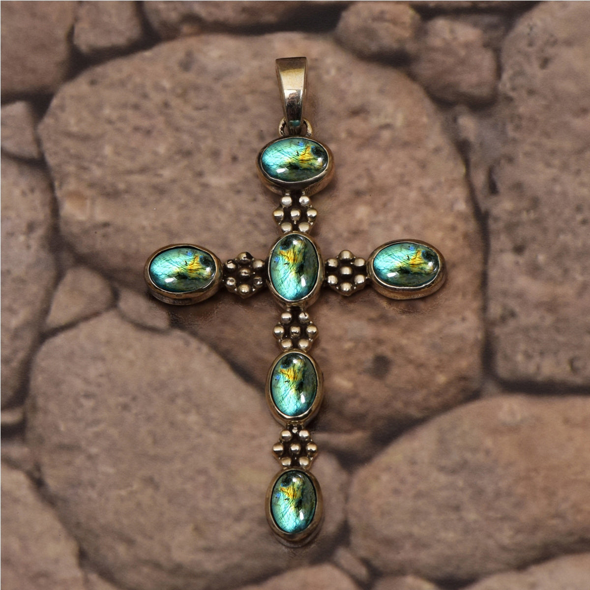 Multi Stone Ornate Cross Pendant -Sterling Silver