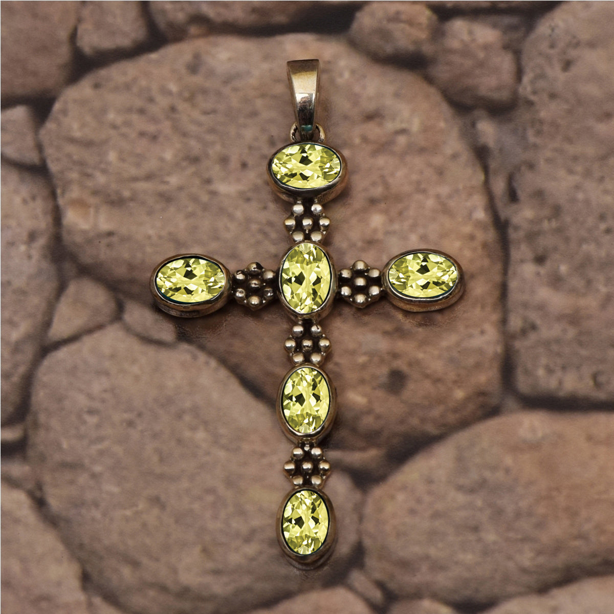 Multi Stone Ornate Cross Pendant -Sterling Silver