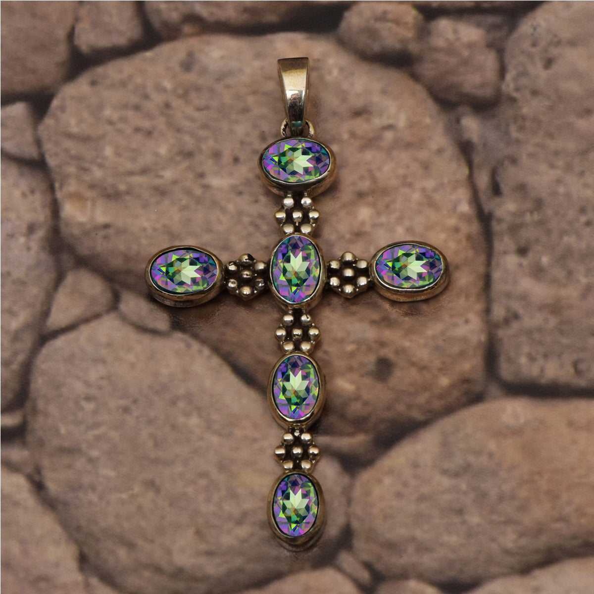 Multi Stone Ornate Cross Pendant -Sterling Silver