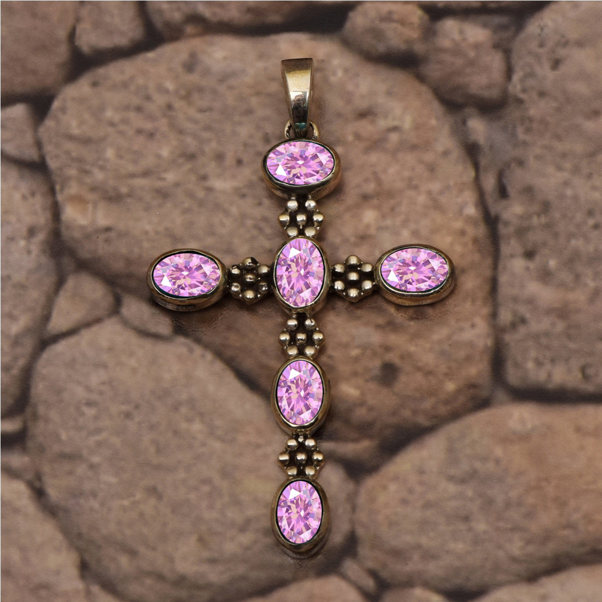 Multi Stone Ornate Cross Pendant -Sterling Silver