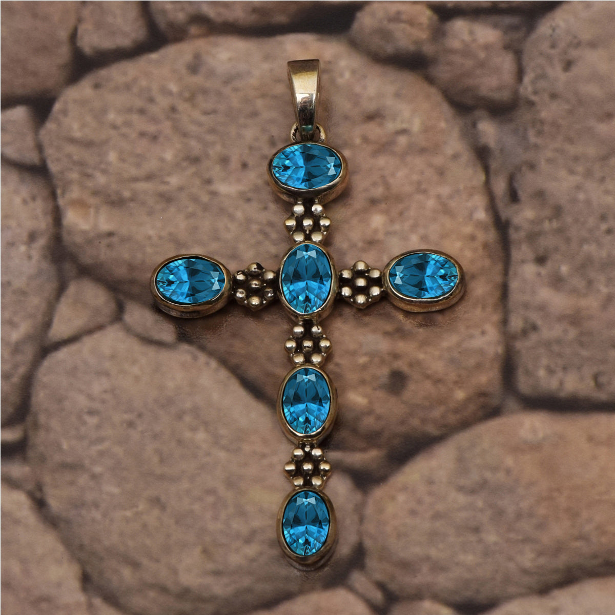 Multi Stone Ornate Cross Pendant -Sterling Silver