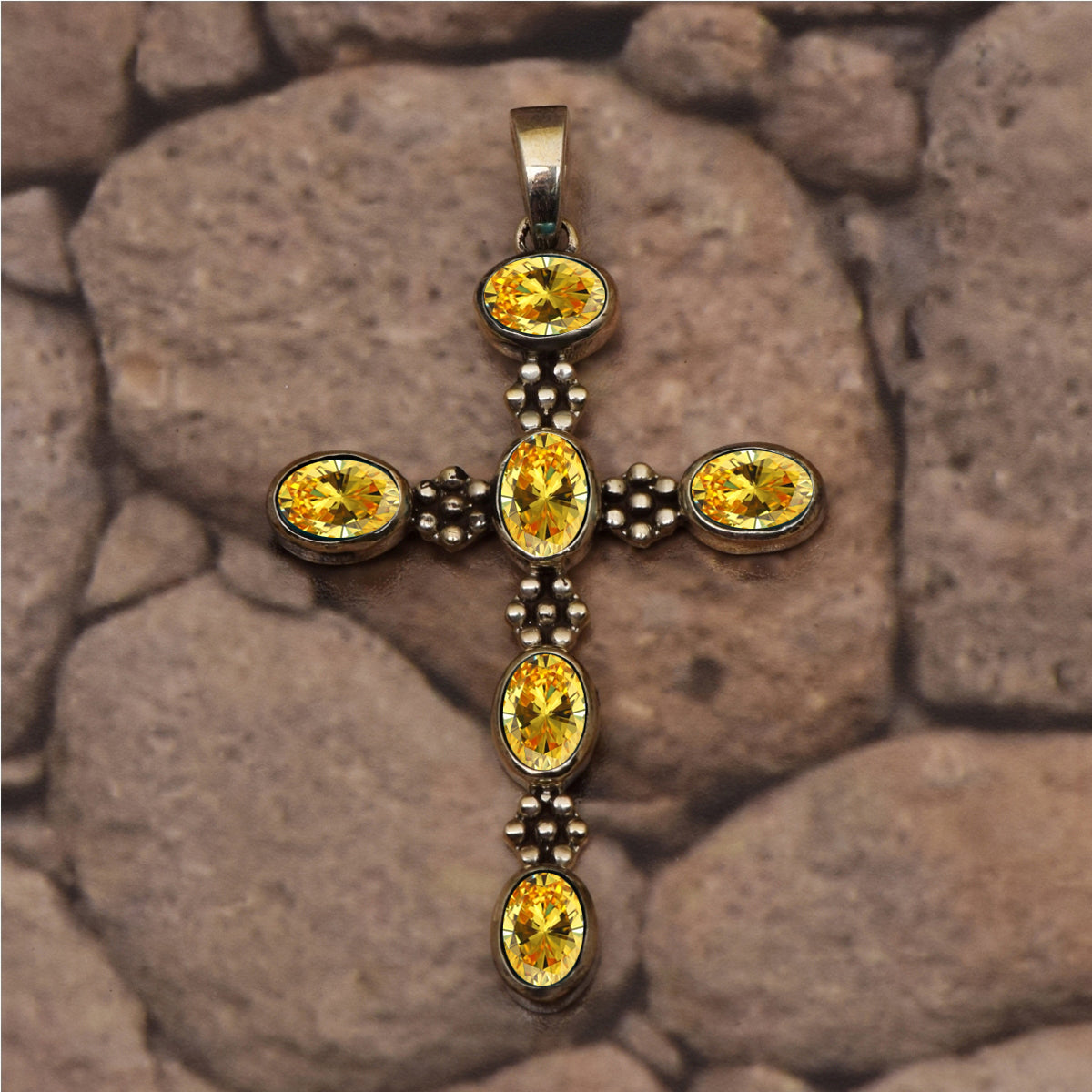 Multi Stone Ornate Cross Pendant -Sterling Silver