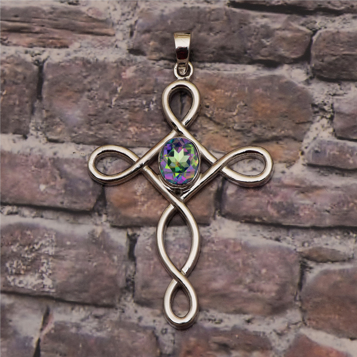 Multi Stone Infinity Loop Cross Pendant -Sterling Silver