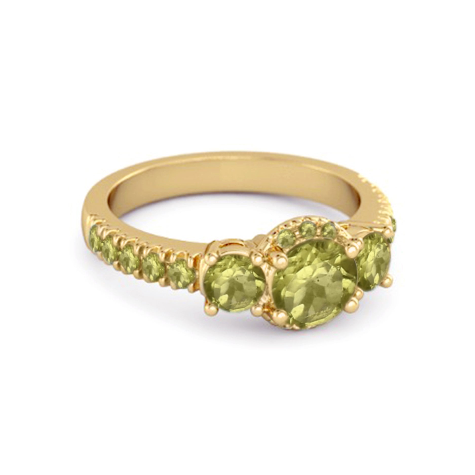 Peridot Three-Stone Halo Pavé Band Ring -Sterling Silver