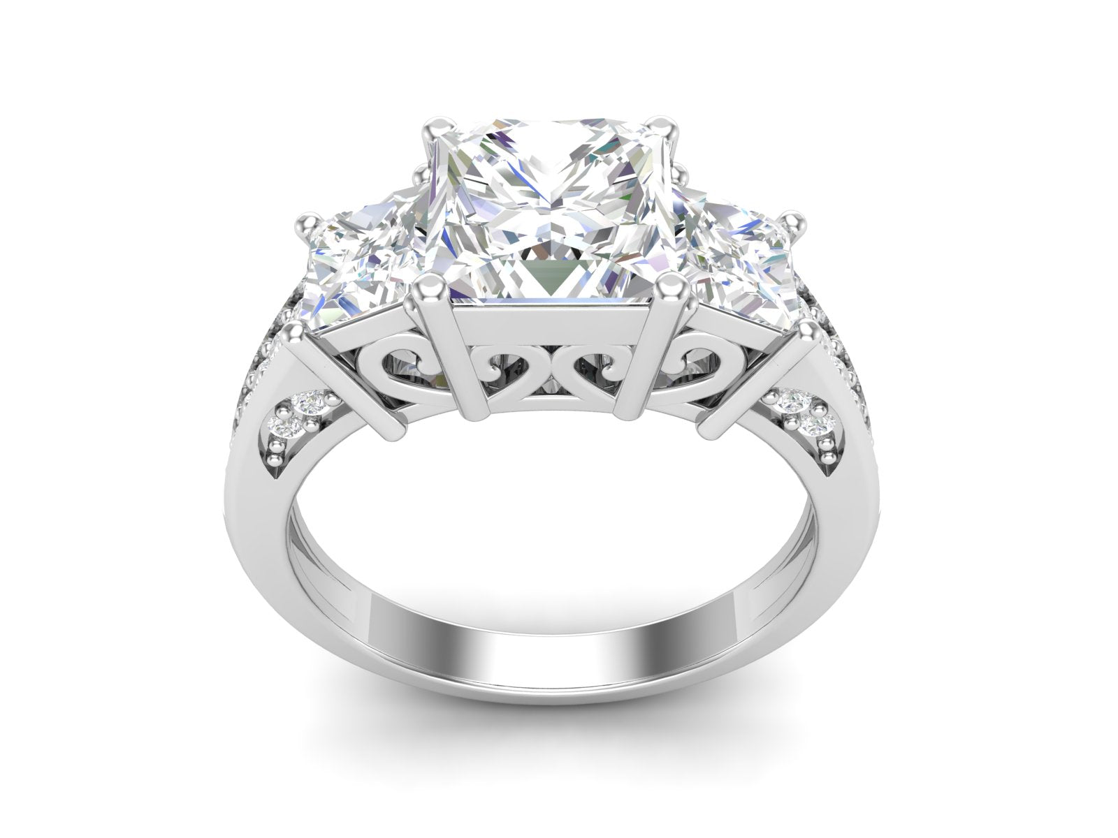 White CZ Princess Cut 3-Stone Filigree Design Ring - Sterling Silver