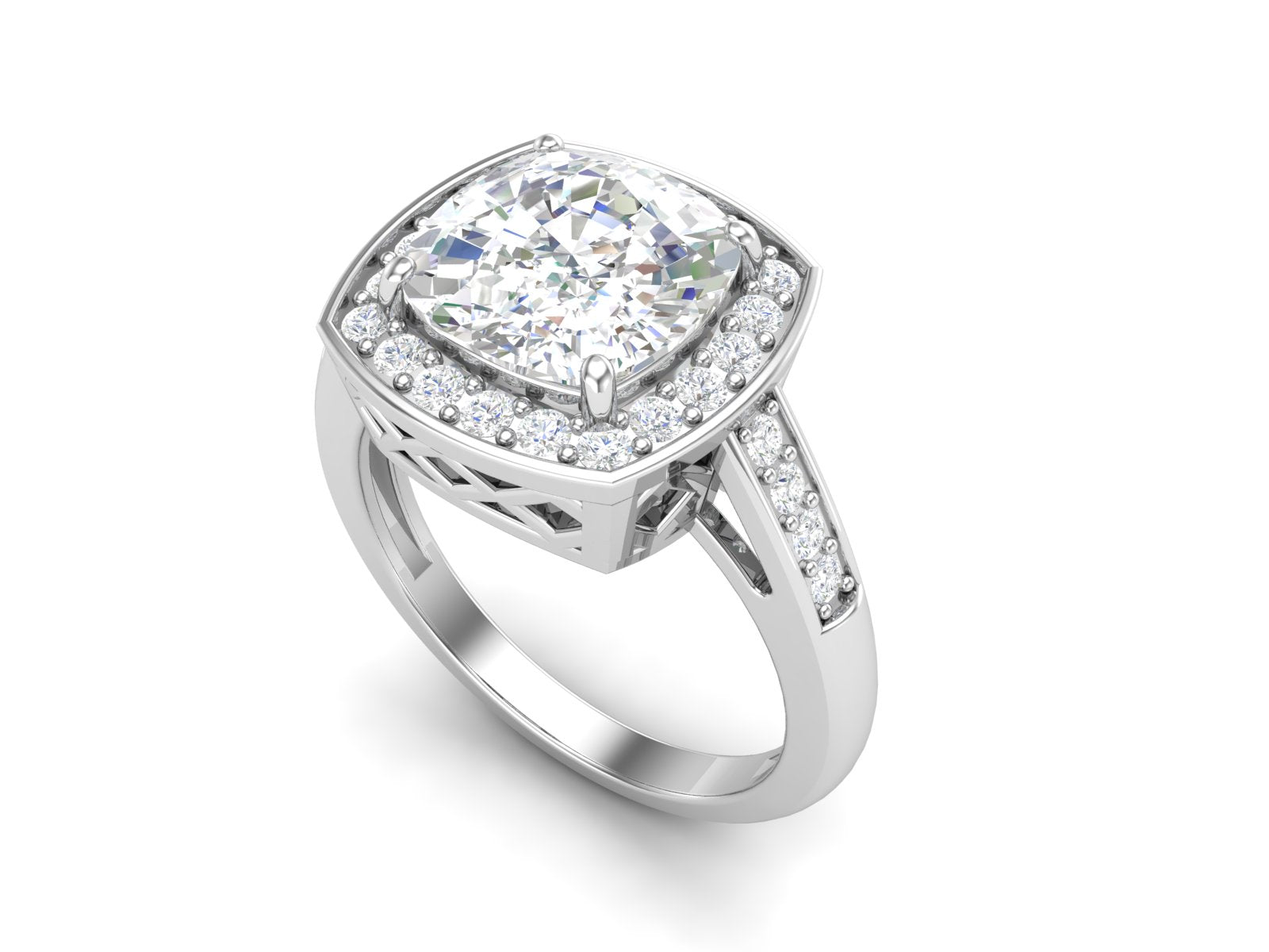 White CZ Cushion Halo Ring - Sterling Silver