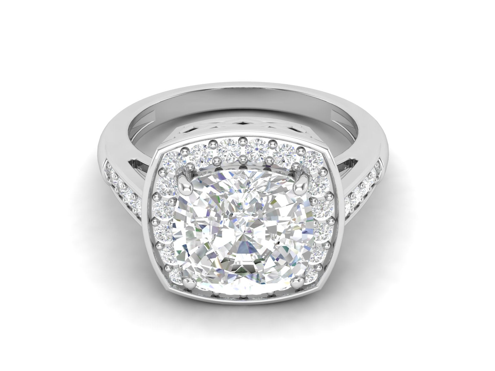 White CZ Cushion Halo Ring - Sterling Silver